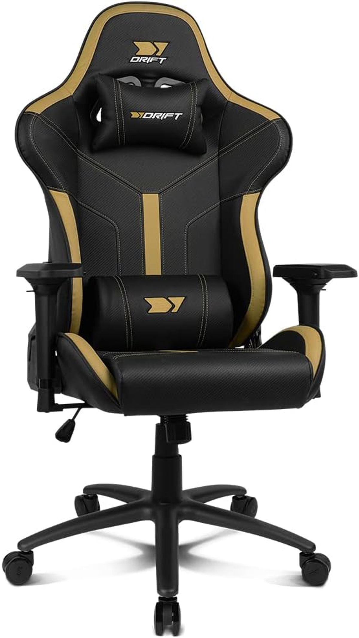 Schwarzer und goldfarbener Drift-Gaming-Stuhl mit Kopfstütze, Lendenwirbelstütze und Armlehnen.