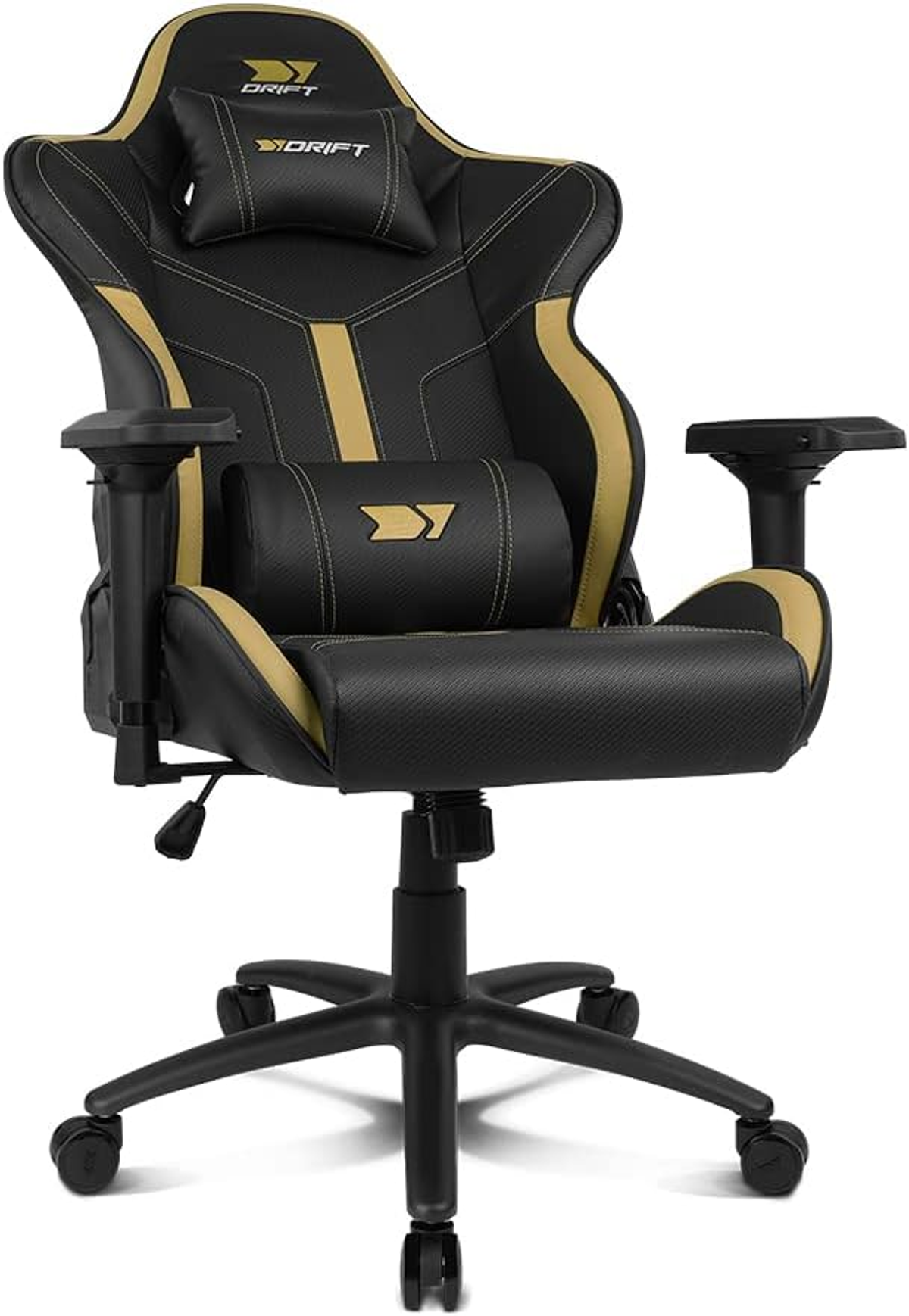 Ein schwarz-goldener Gaming-Stuhl. Er hat eine Kopfstütze, ein Lendenkissen und Armlehnen.
