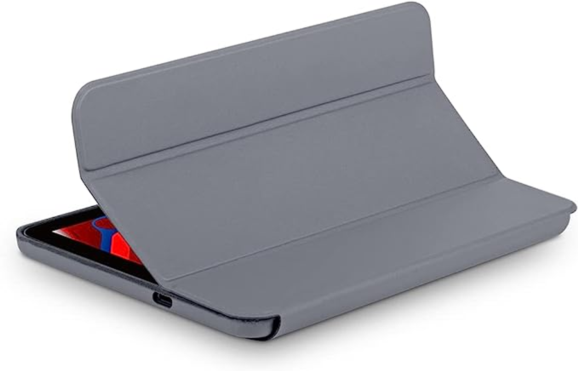 Funda gris para tableta, parcialmente abierta, mostrando una tableta.