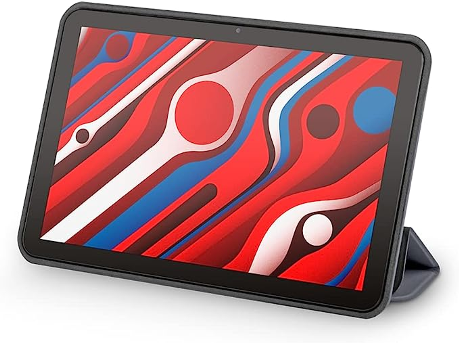 Tableta negra en una funda, con un fondo de pantalla abstracto colorido en rojo, azul y blanco.