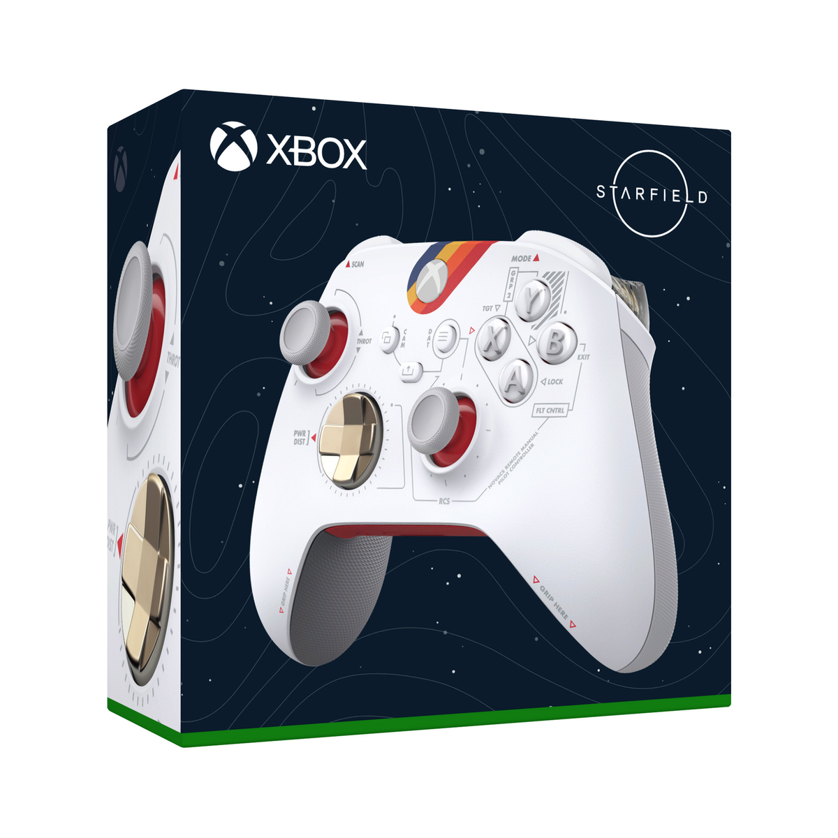 Eine weiße Xbox Controller-Box für das Starfield-Spiel, mit einem weißen Controller.