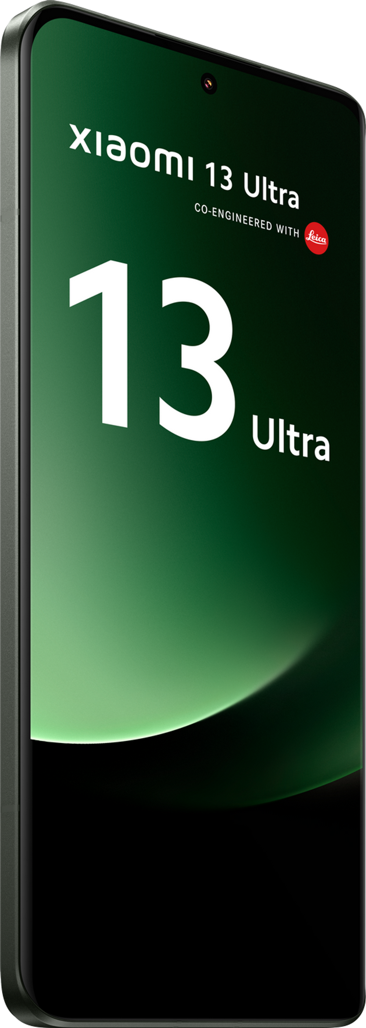 Telefono verde con le parole 'Xiaomi 13 Ultra' sullo schermo.