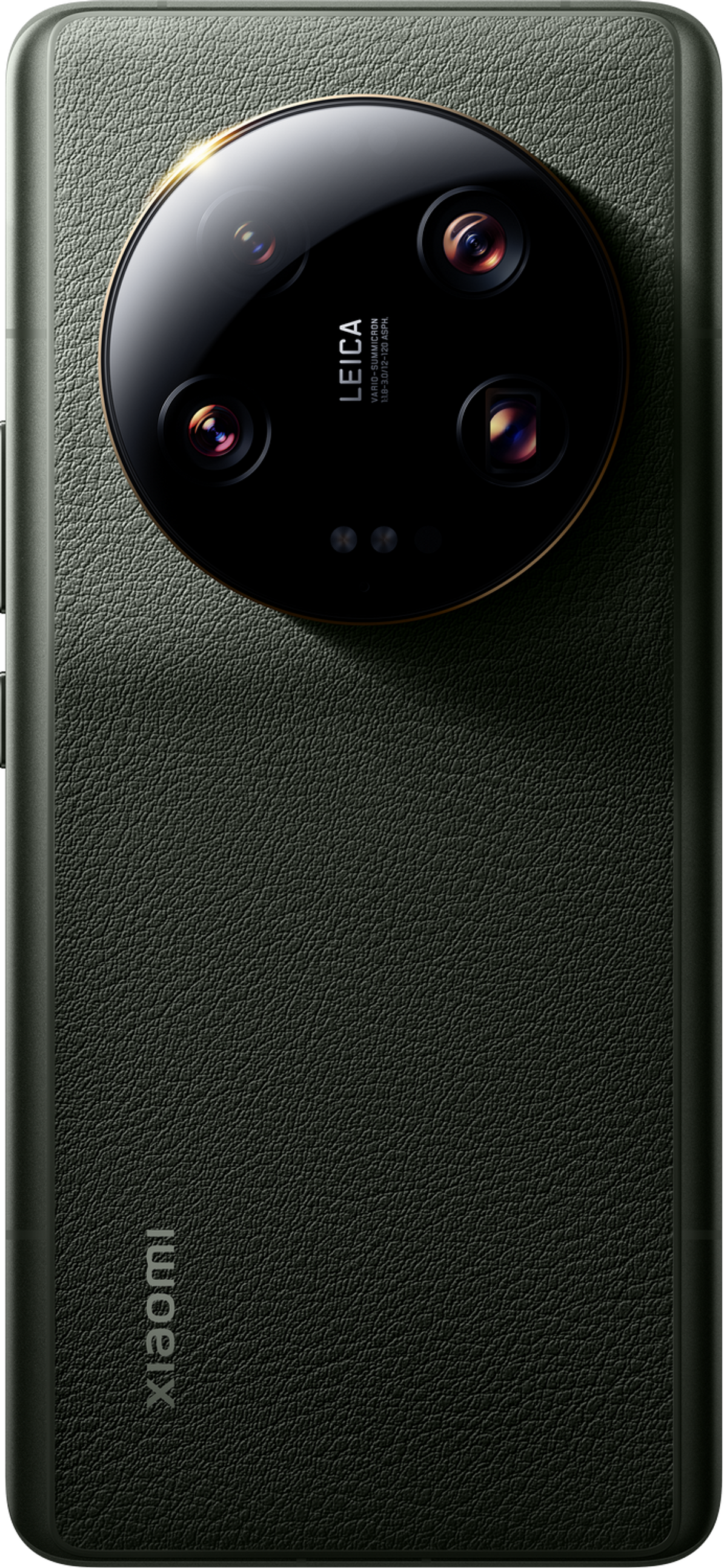 Telefono Xiaomi verde con fotocamera Leica, design unico e retro verde scuro.