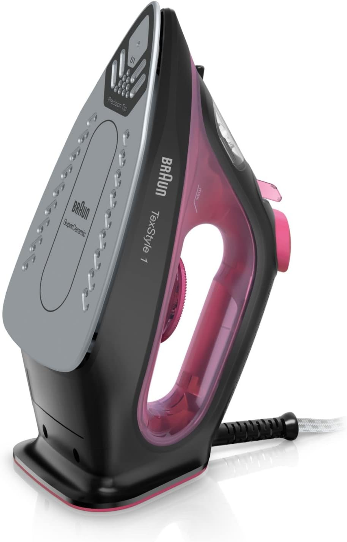Ferro da stiro nero, rosa su sfondo bianco. Braun TexStyle 1. Vista angolata.