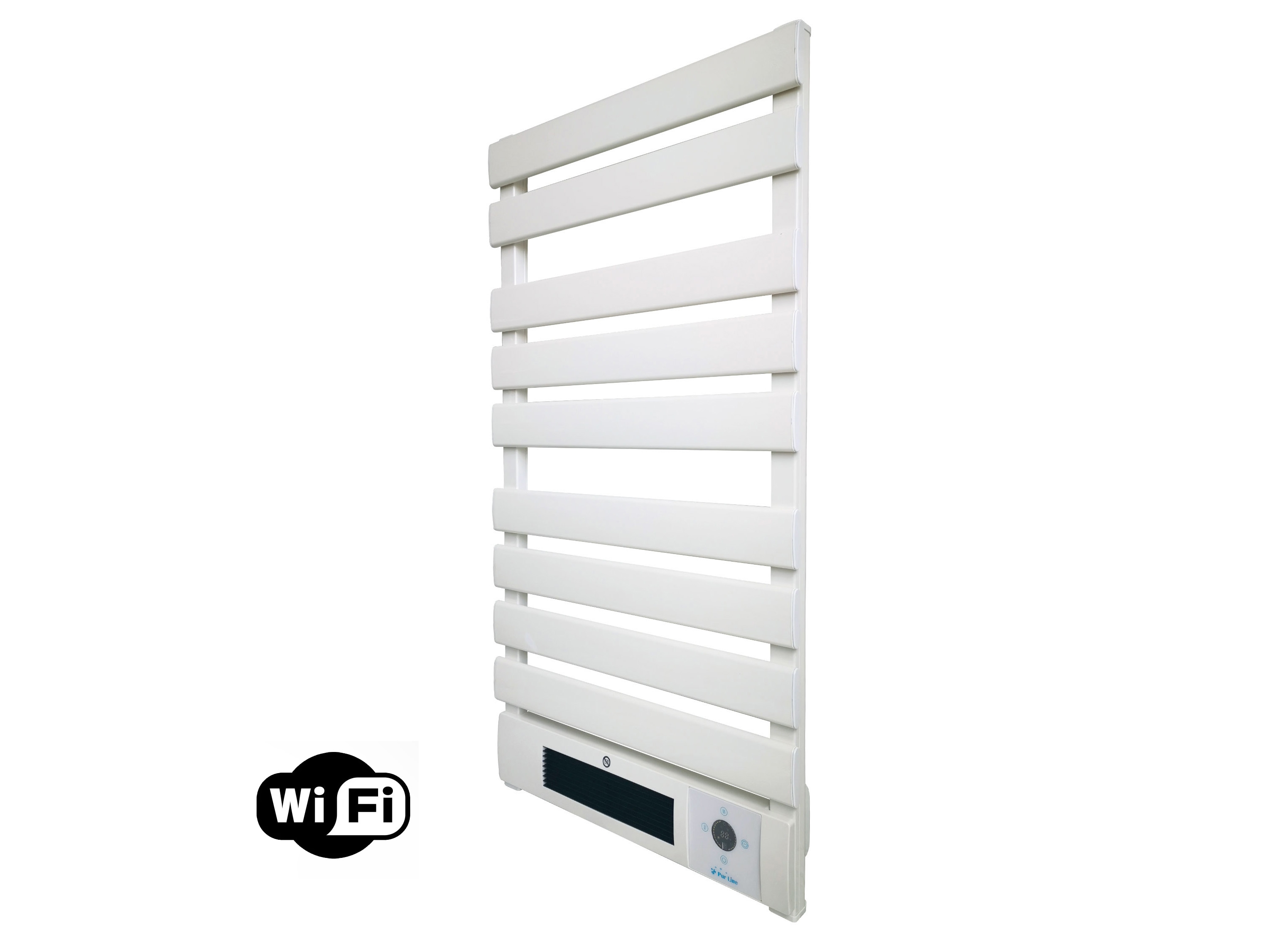 Calentador de toallas eléctrico blanco con barras horizontales y símbolo Wi-Fi.