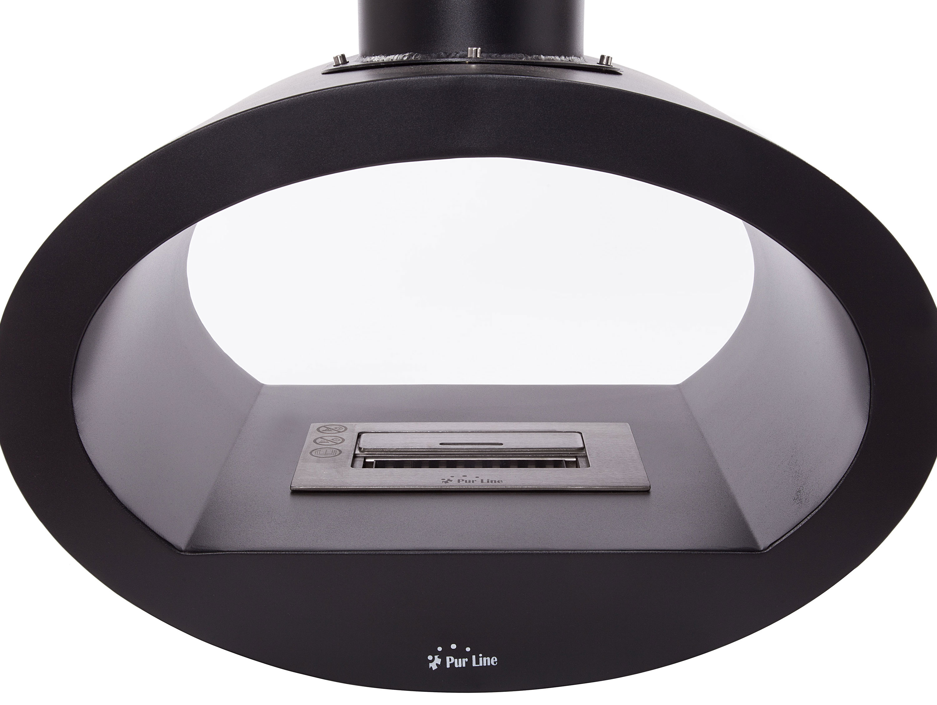 Caminetto nero con design ovale, bruciatore all'interno e sfondo bianco.