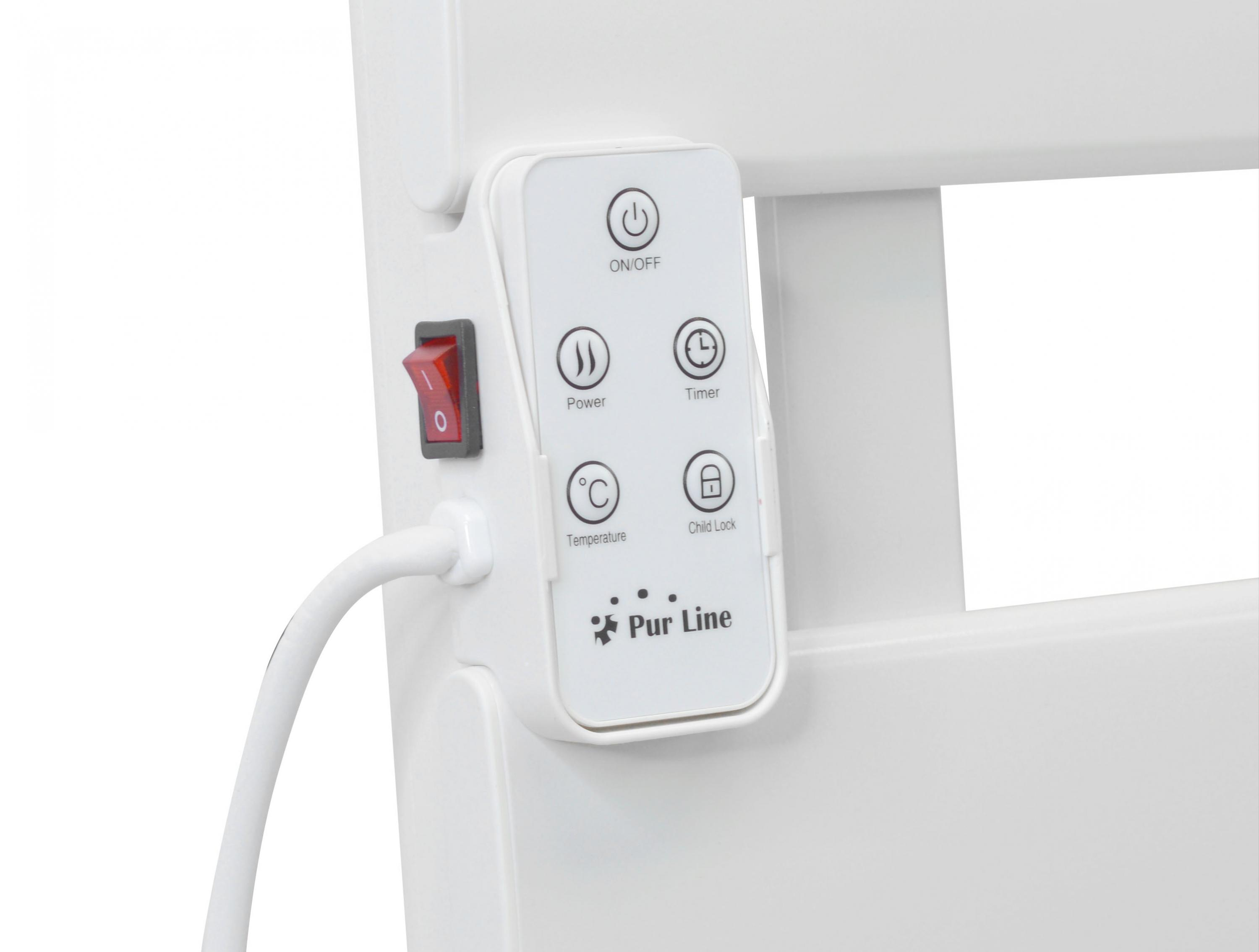 Panel de control blanco para un calentador. Incluye botones de encendido/apagado, energía, temperatura y temporizador.