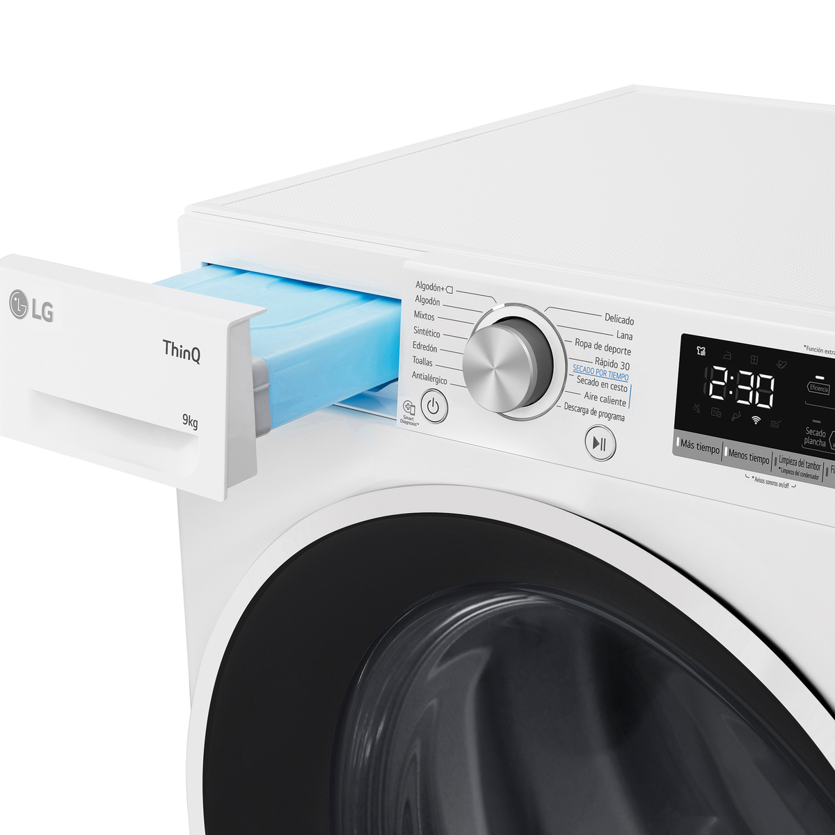 Una lavatrice LG bianca con cassetto detersivo aperto.