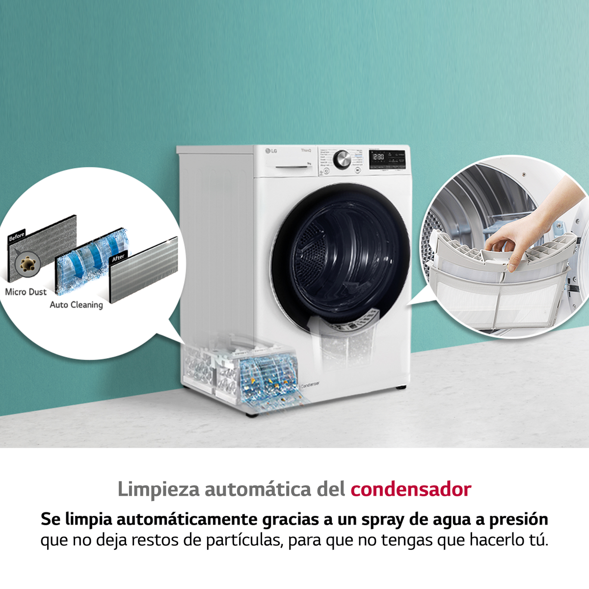 Una lavatrice LG bianca con un'asciugatrice. Il testo spiega la pulizia automatica del condensatore.