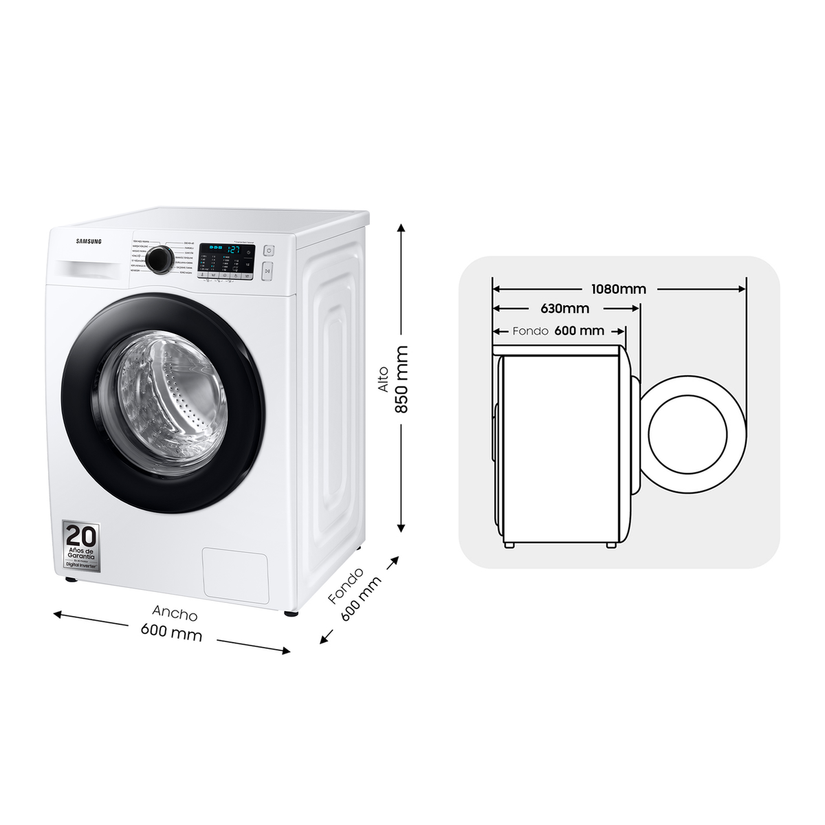 SAMSUNG WW11BGA046AE Lavatrice Carica Alto, Caricamento frontale, 11 kg, 14 programmi, Profondità 60 cm, Giri 1400 rpm, Bianco, livello rumorosità centrifuga 72 dB(A), Classe A
