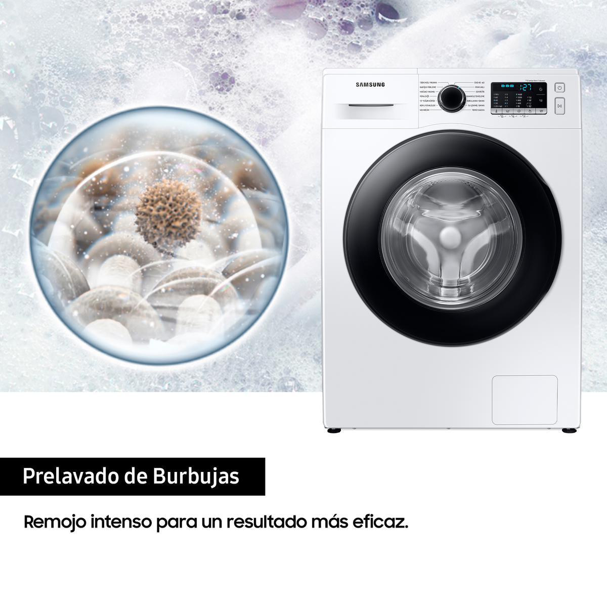 Una lavatrice bianca con porta nera, con prelavaggio a bolle mostrato in una sfera trasparente.