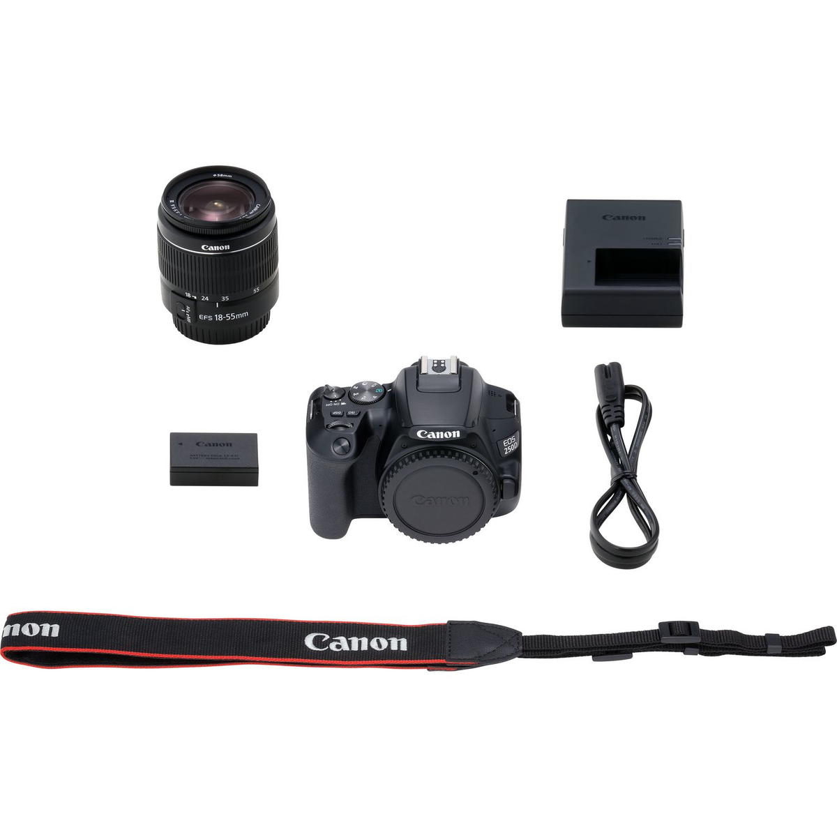 Kit fotocamera Canon con obiettivo, batteria, caricabatterie, cinturino e cavo di alimentazione su sfondo bianco.
