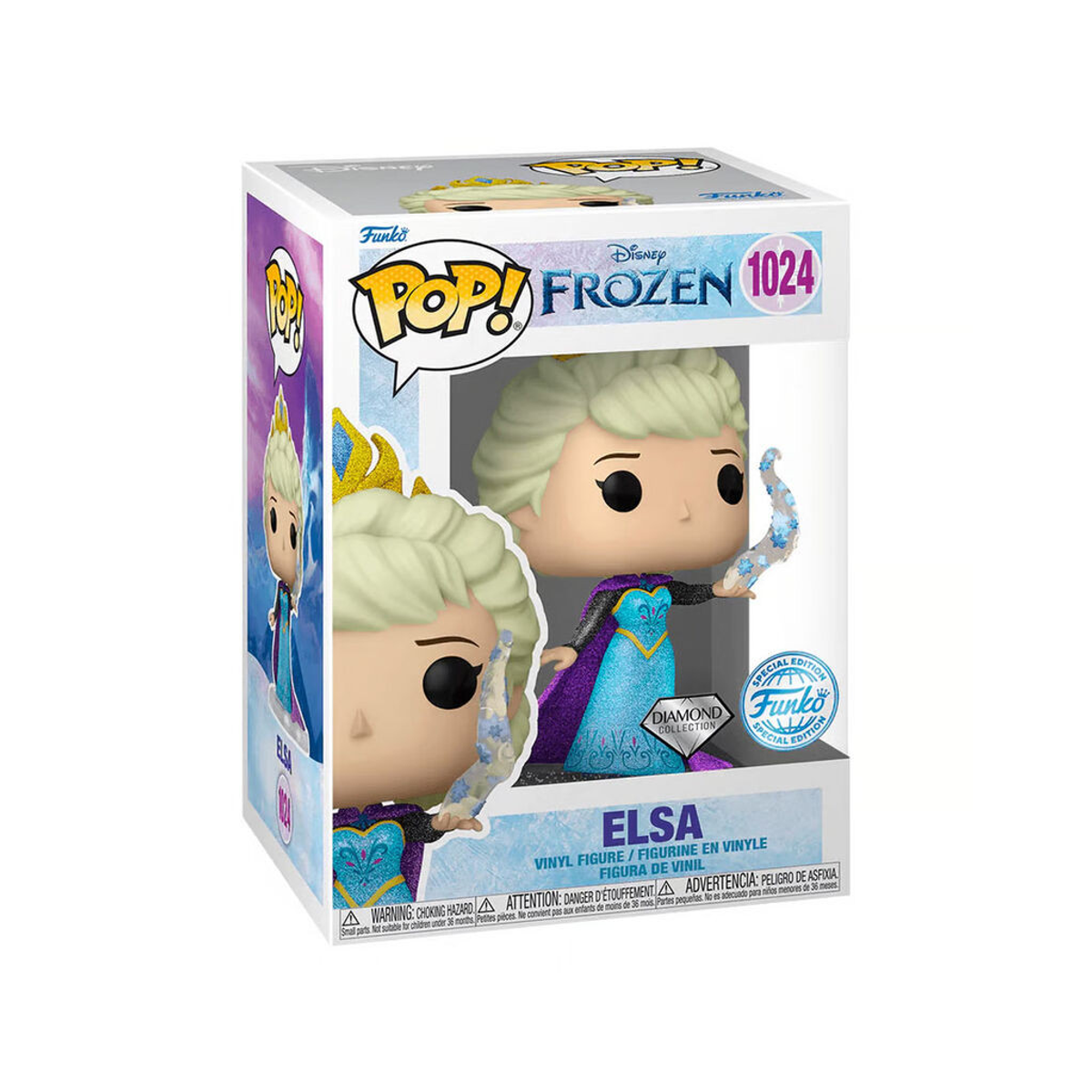 Eine Funko Pop!-Figur von Elsa aus Frozen in einer Displaybox. Sie trägt ein blaues Kleid und hält einen Eiskristall.