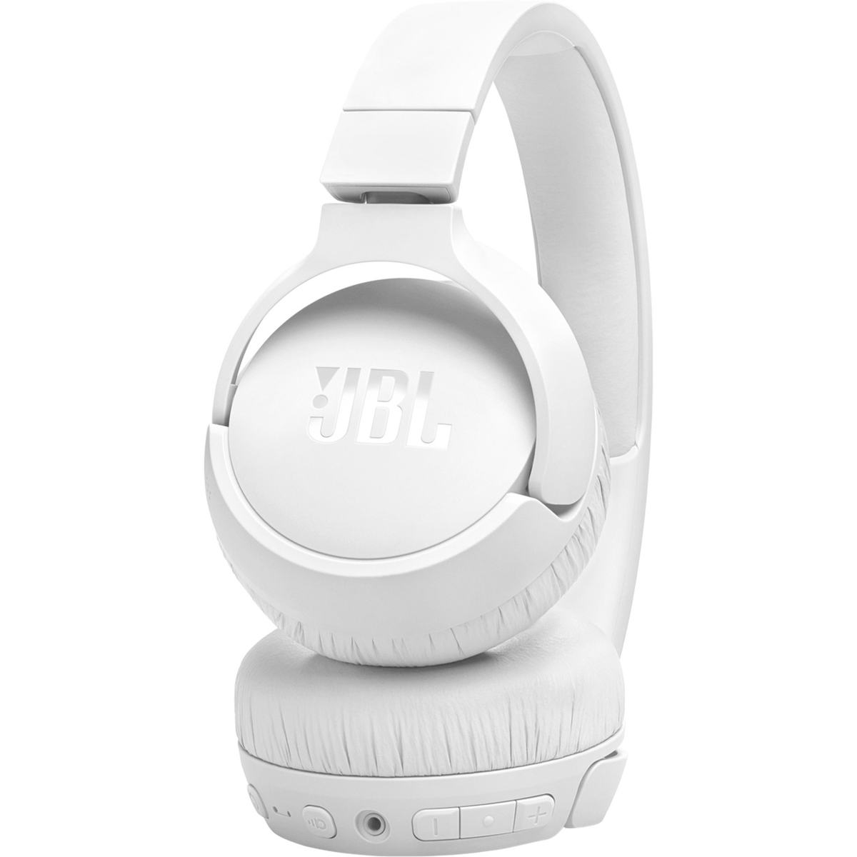 Weiße JBL-Kopfhörer auf weißem Hintergrund. Die Kopfhörer haben ein schlichtes Design.