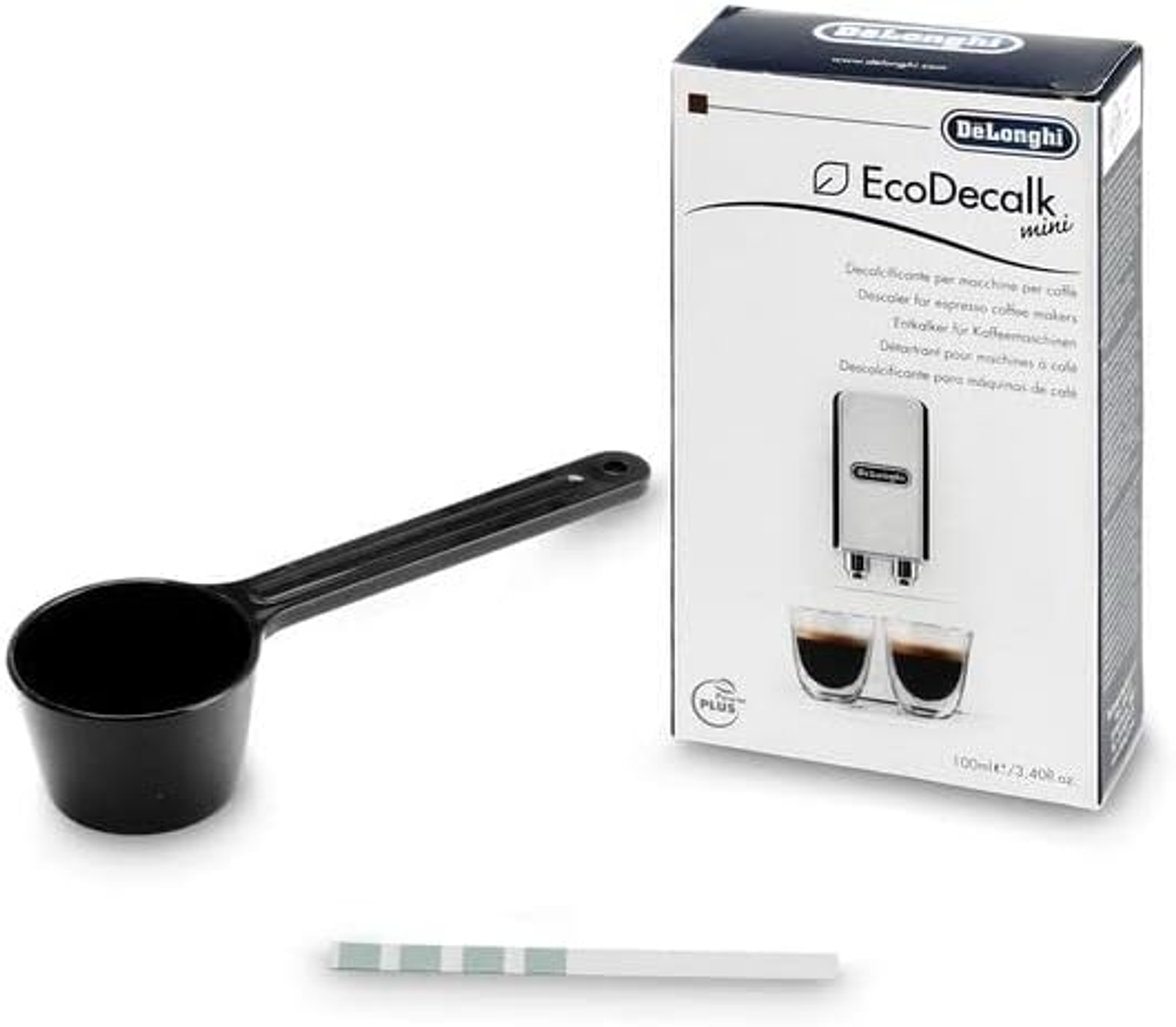 Kit anticalcare DeLonghi con misurino e striscia reattiva, su una superficie bianca.