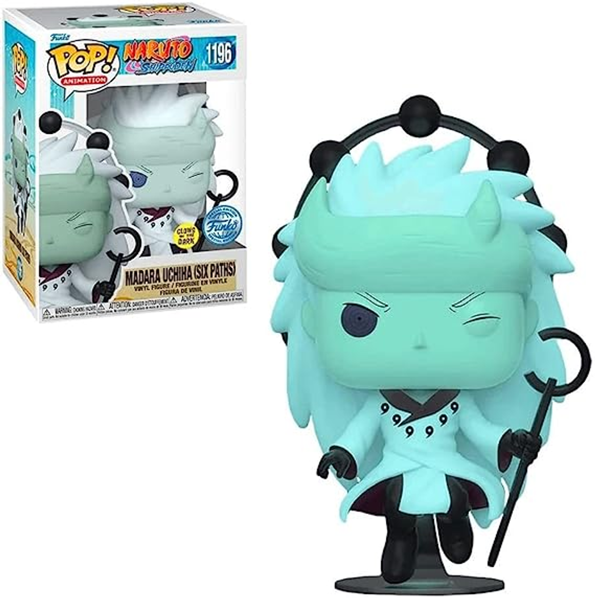 Figura Funko Pop di Madara Uchiha in una scatola. La figura è azzurra con dettagli neri.