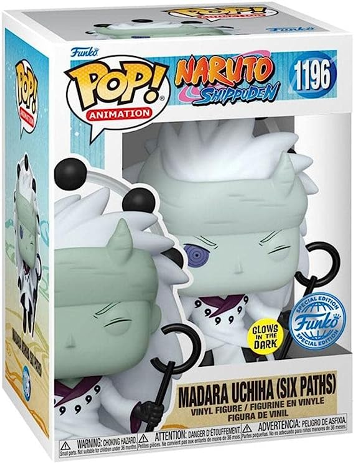 Scatola Funko Pop del personaggio Madara Uchiha (Six Paths), con caratteristiche che si illuminano al buio.
