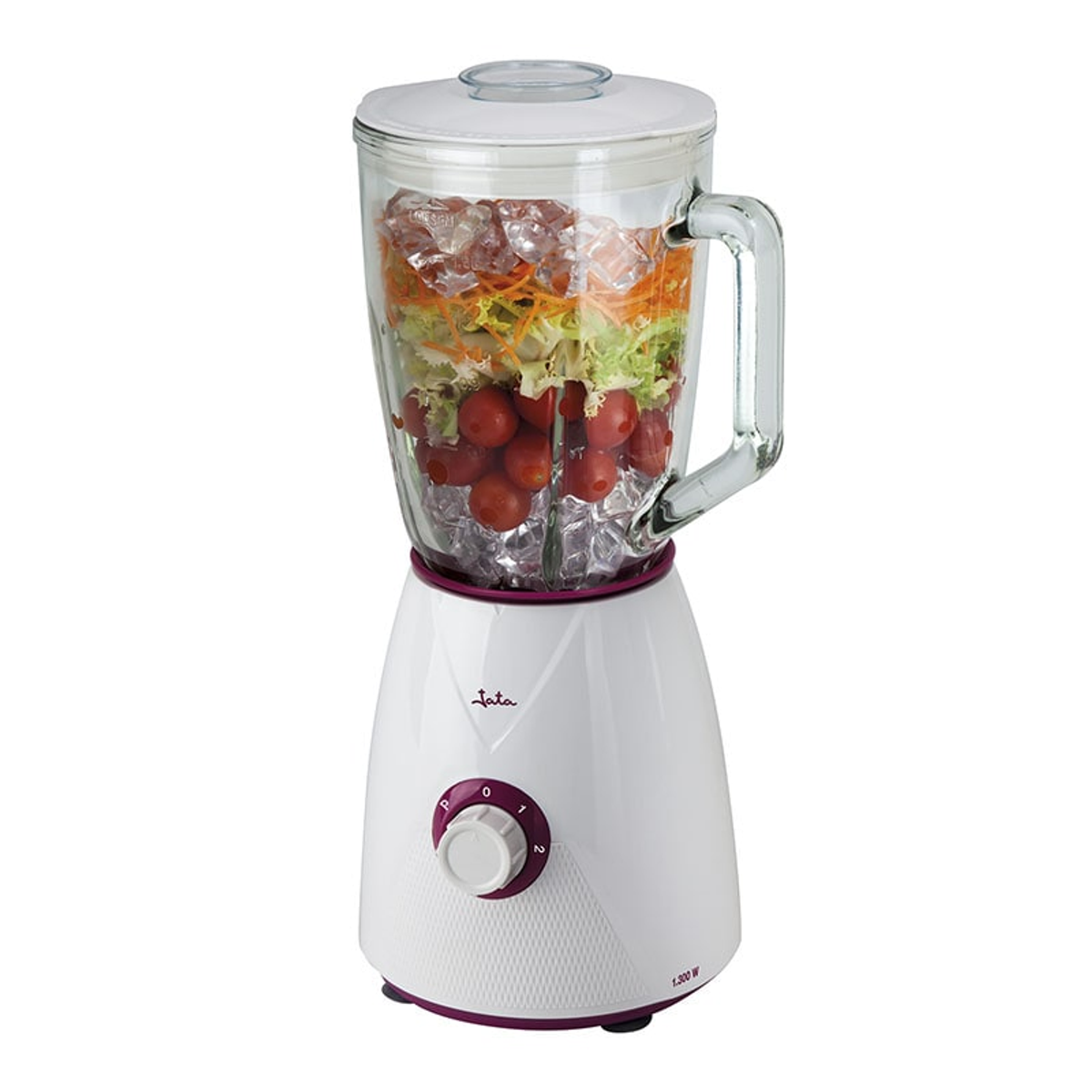 Frullatore bianco con frutta e ghiaccio, sfondo bianco.