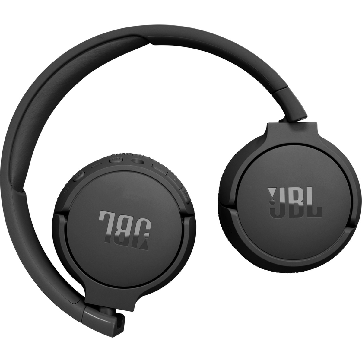 Schwarze JBL-Kopfhörer, zusammengeklappt. Schwarze Kopfhörer mit faltbarem Design, auf weißem Hintergrund.