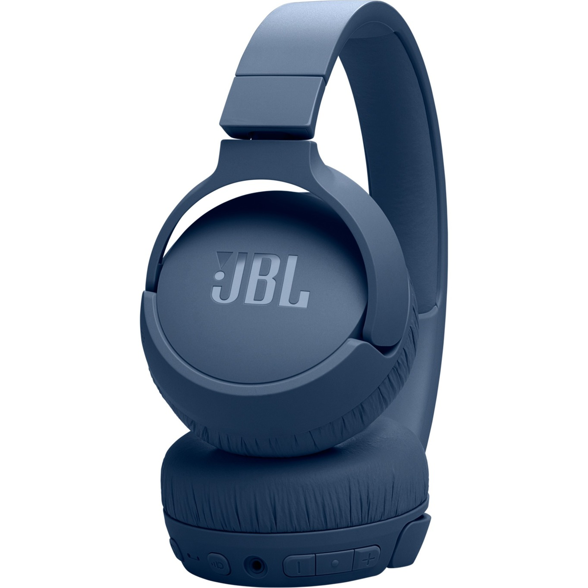 Blaue JBL-Kopfhörer. Die Kopfhörer sind Over-Ear-Kopfhörer mit schlichtem Design.