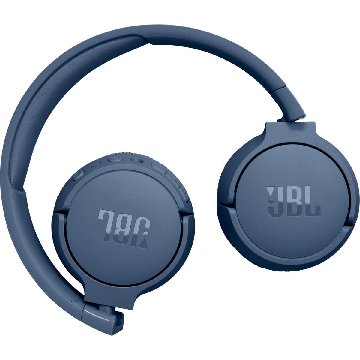 Blaue JBL-Kopfhörer mit Ohrmuscheln und Verbindungsband, vor weißem Hintergrund.