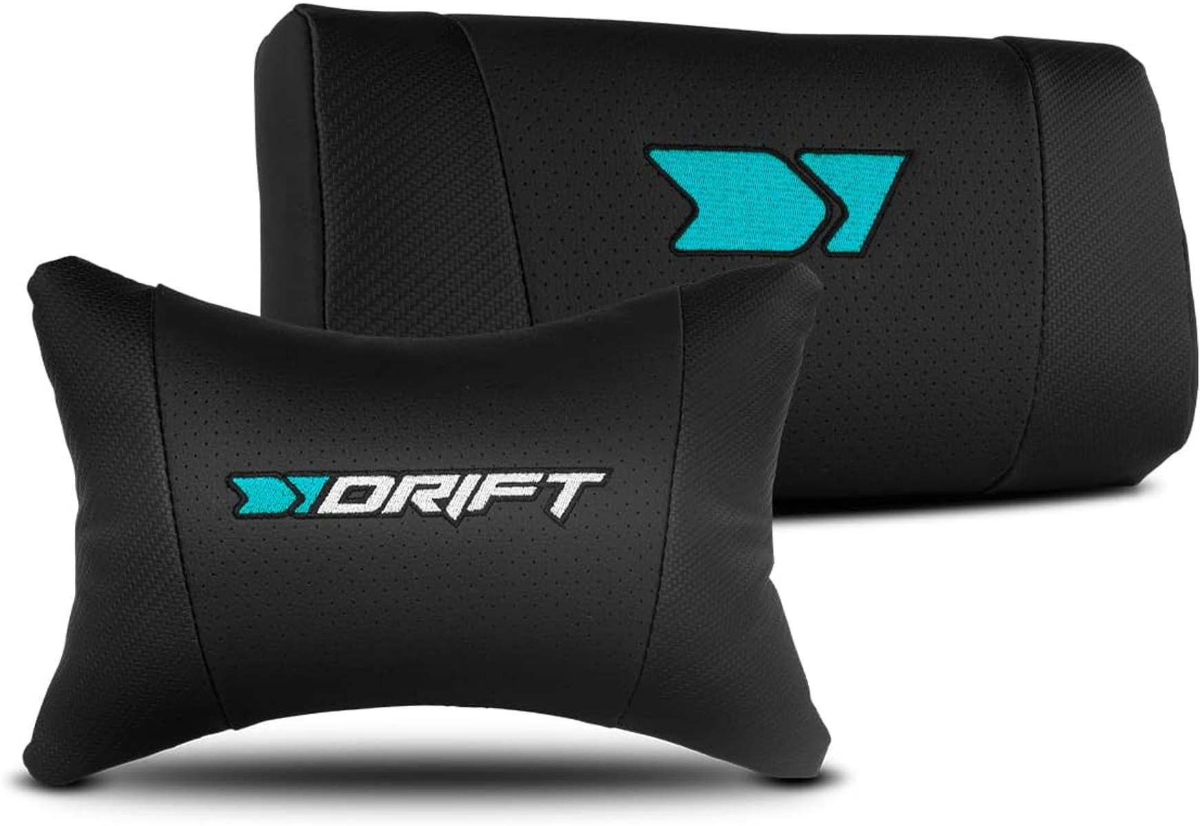 Cojines negros para reposacabezas de coche. Uno tiene la palabra 'DRIFT', el otro un logotipo.