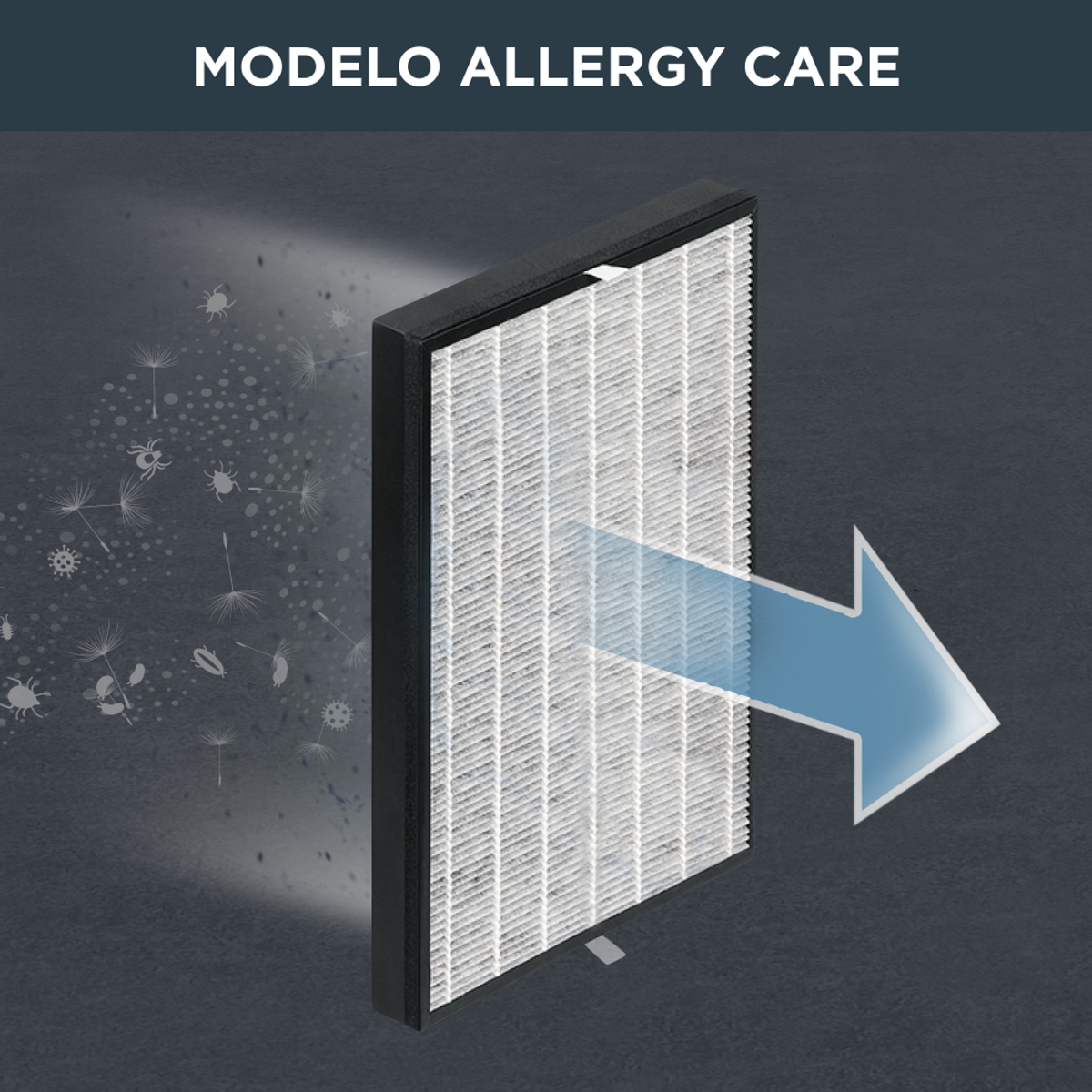 Filtr powietrza ze strzałką wskazującą przepływ powietrza. Tekst 'MODELO ALLERGY CARE' znajduje się nad filtrem.