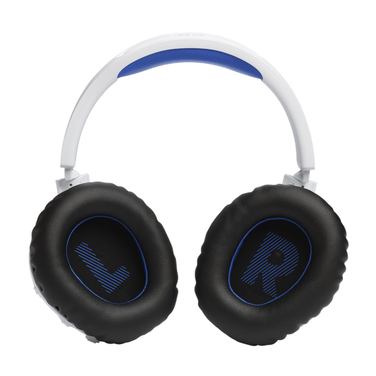 Biało-czarne słuchawki z niebieskimi akcentami. Słuchawki są na czarnym tle.