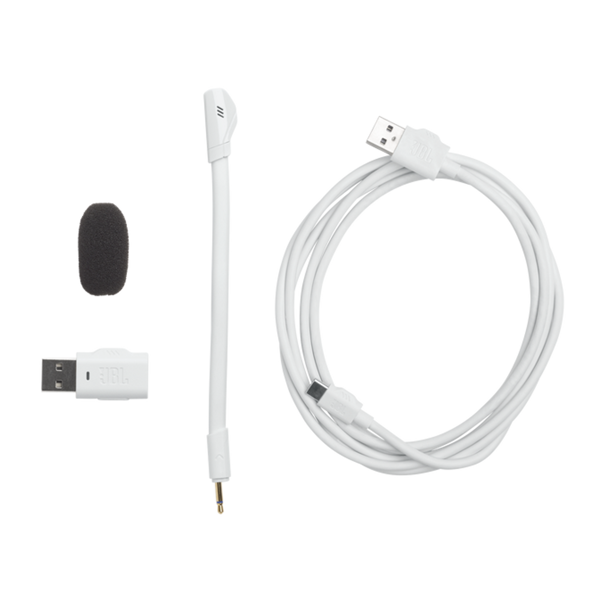 Biały zestaw mikrofonu JBL z złączem USB i kablem. Zawiera piankową osłonę przeciwwiatrową.