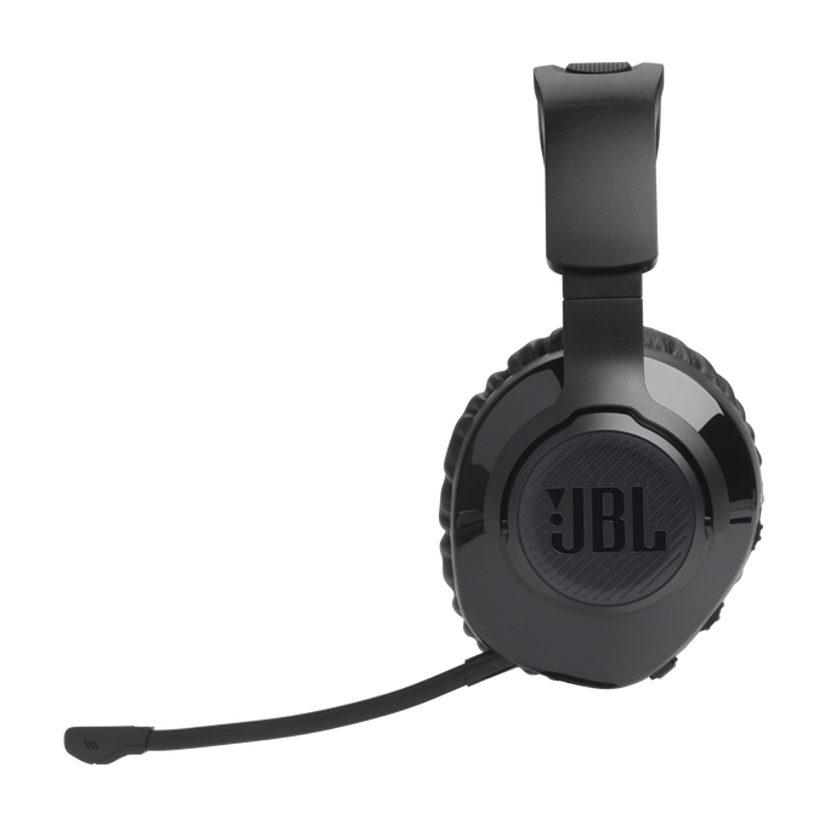 Czarne słuchawki JBL z mikrofonem. Logo JBL znajduje się z boku. Mikrofon jest skierowany w dół.