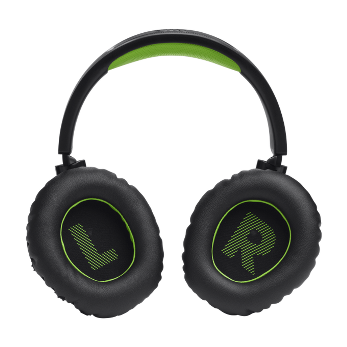 Czarne słuchawki z zielonymi akcentami, pokazujące wskaźniki L i R.
