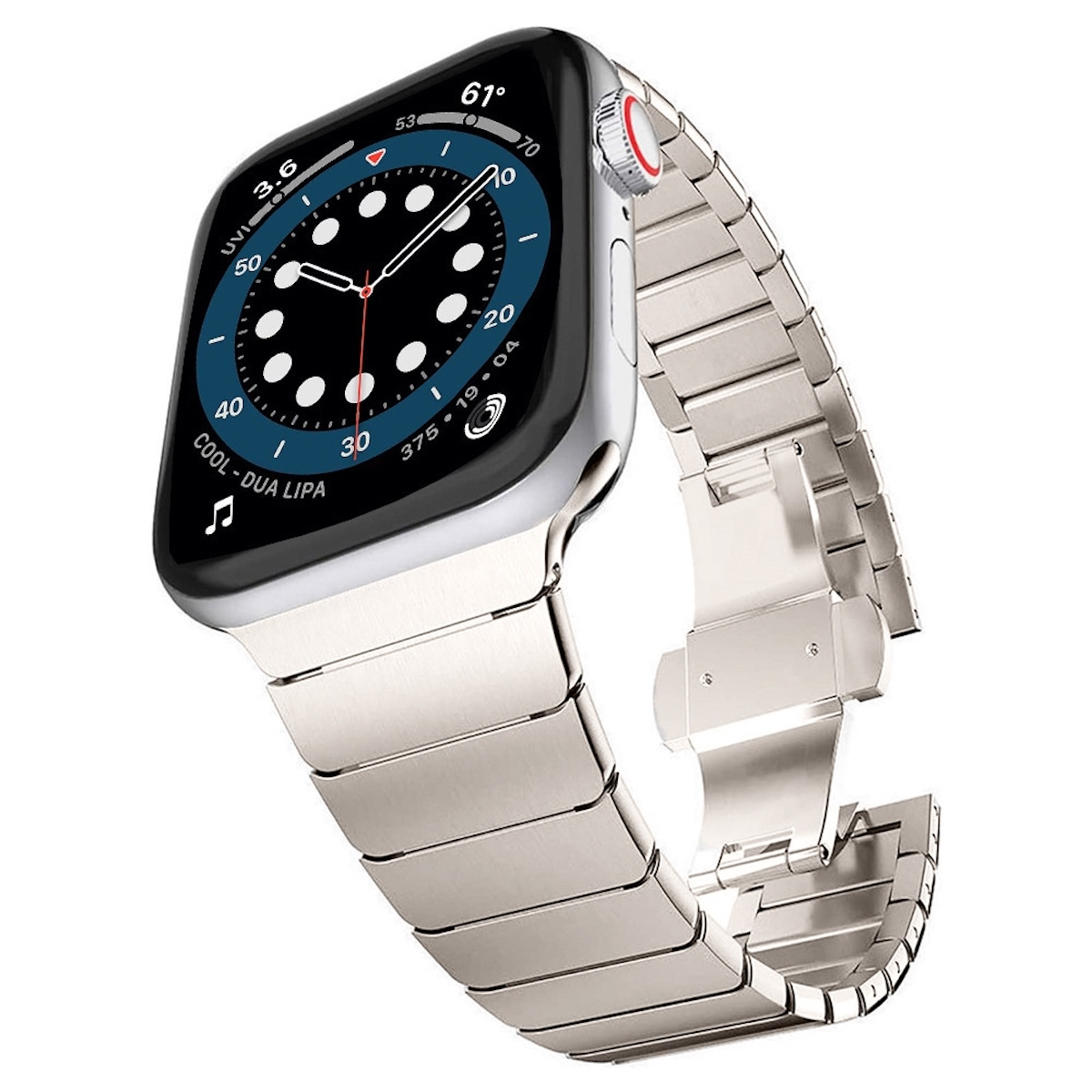 Silberne Apple Watch mit silbernem Metallarmband, zeigt digitales Interface mit Zeit und Statistiken.