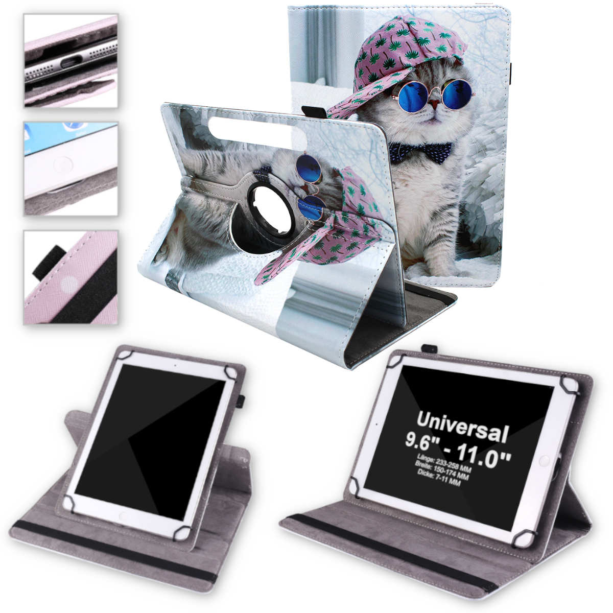 Eine Tablet-Hülle mit Katze mit Sonnenbrille und Kappe. Das Tablet ist in der Hülle sichtbar.
