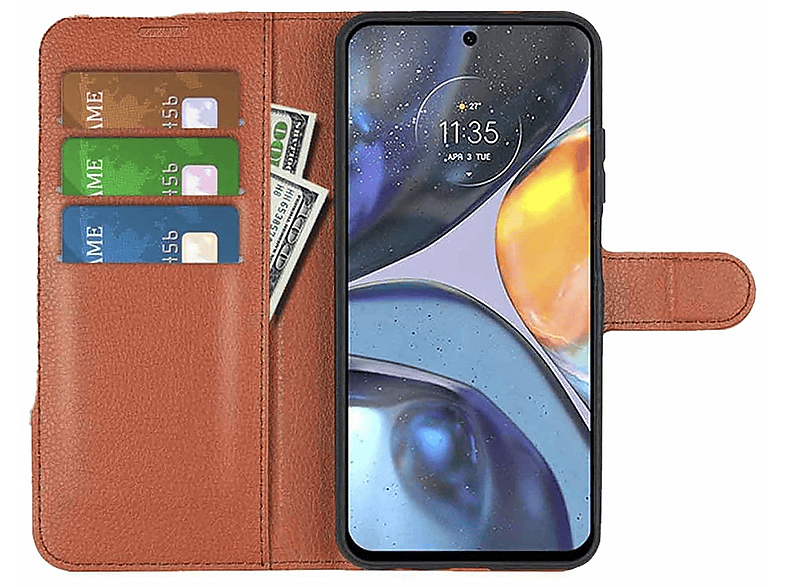 WIGENTO Book Wallet Tasche & Kreditkarten / Geld Fach, Bookcover, Motorola, Moto G22, Braun
