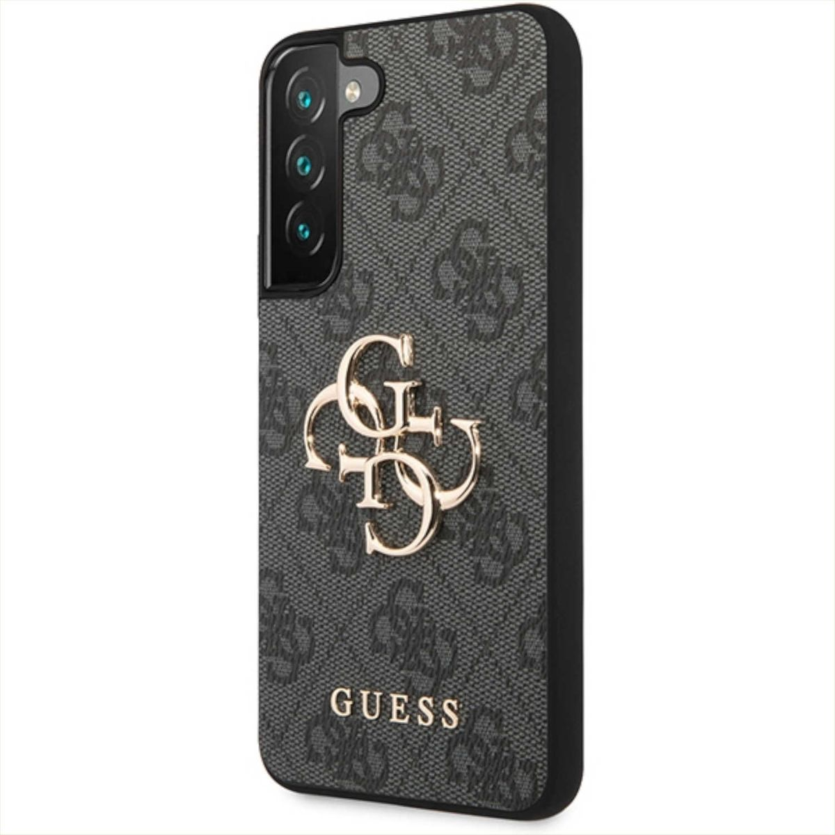 Custodia nera per telefono con motivo logo Guess. Il telefono ha una configurazione a tripla fotocamera.