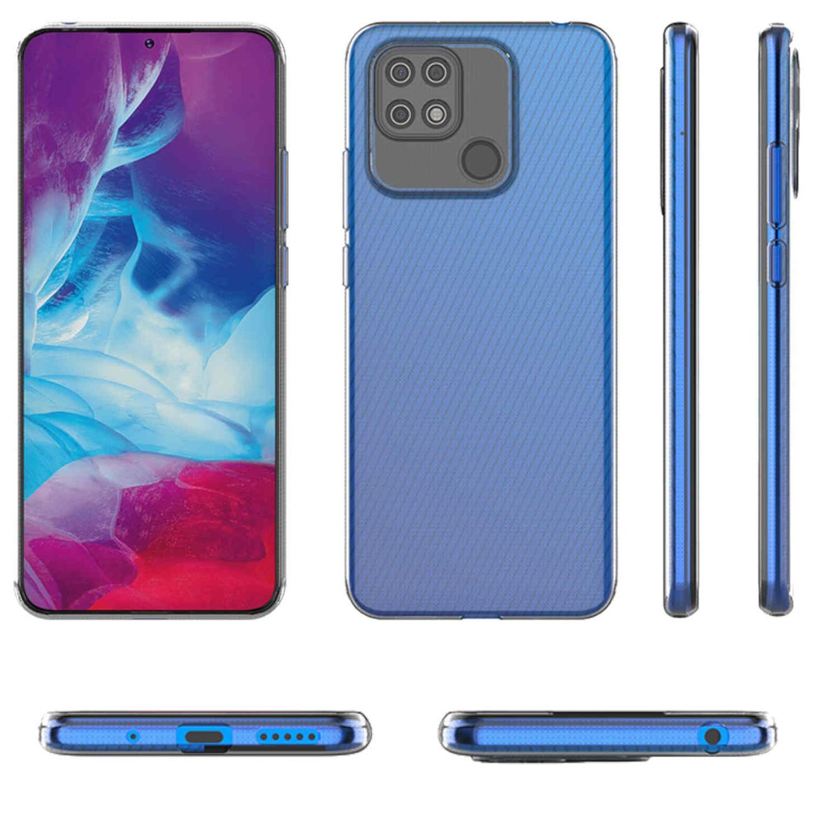 Smartphone in einer blauen Schutzhülle, zeigt Vorder- und Seitenansichten.