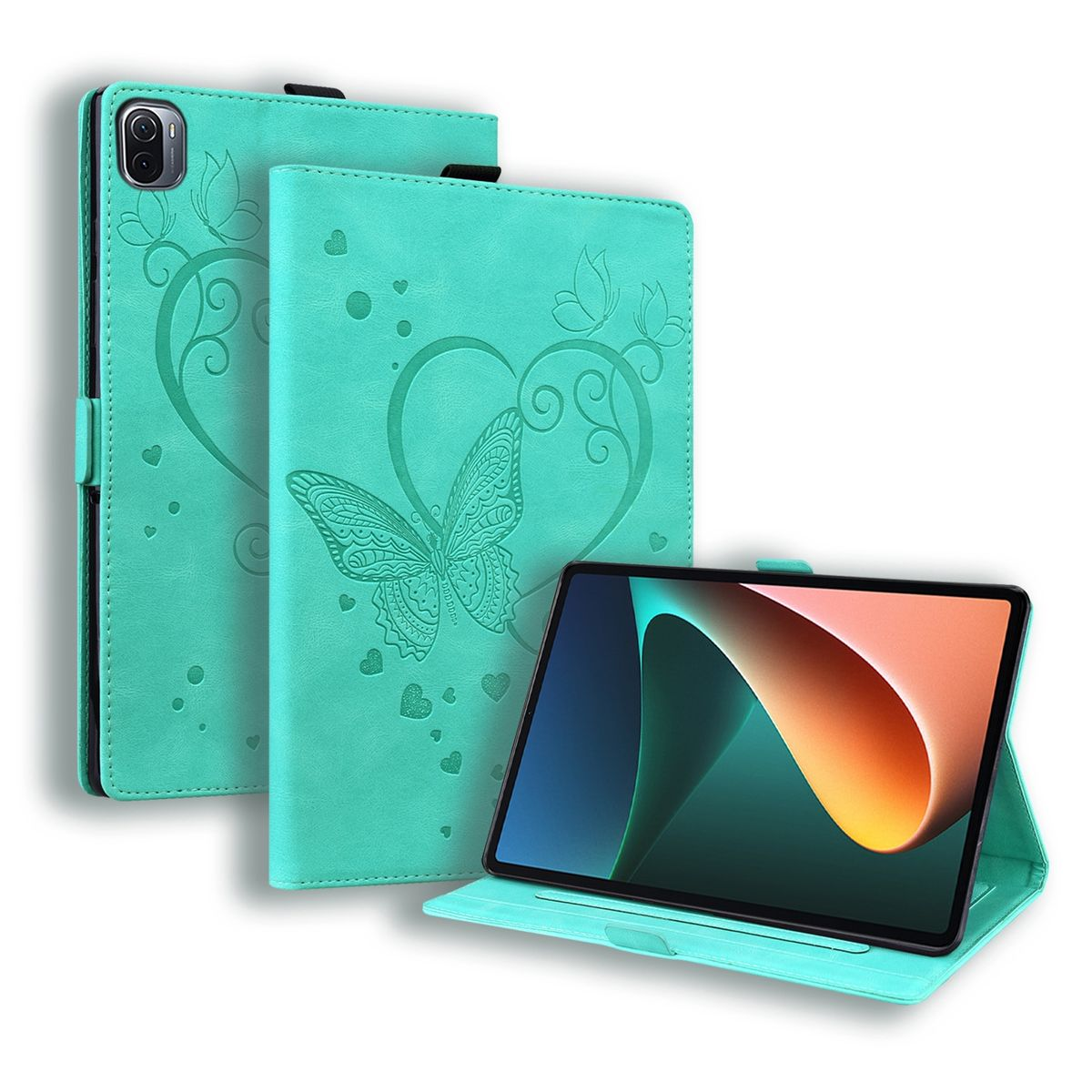 WIGENTO Schmetterling Muster Design Tasche / Wake mit Full UP Grün Cover, aufstellbar Sleep Xiaomi, Pro, Pad Funktion, 5 Pad 5