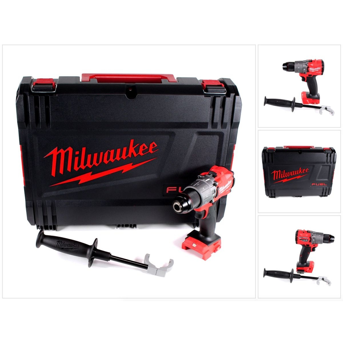 Schwarzes und rotes Milwaukee-Werkzeugset. Koffer, Bohrer und andere Werkzeuge.