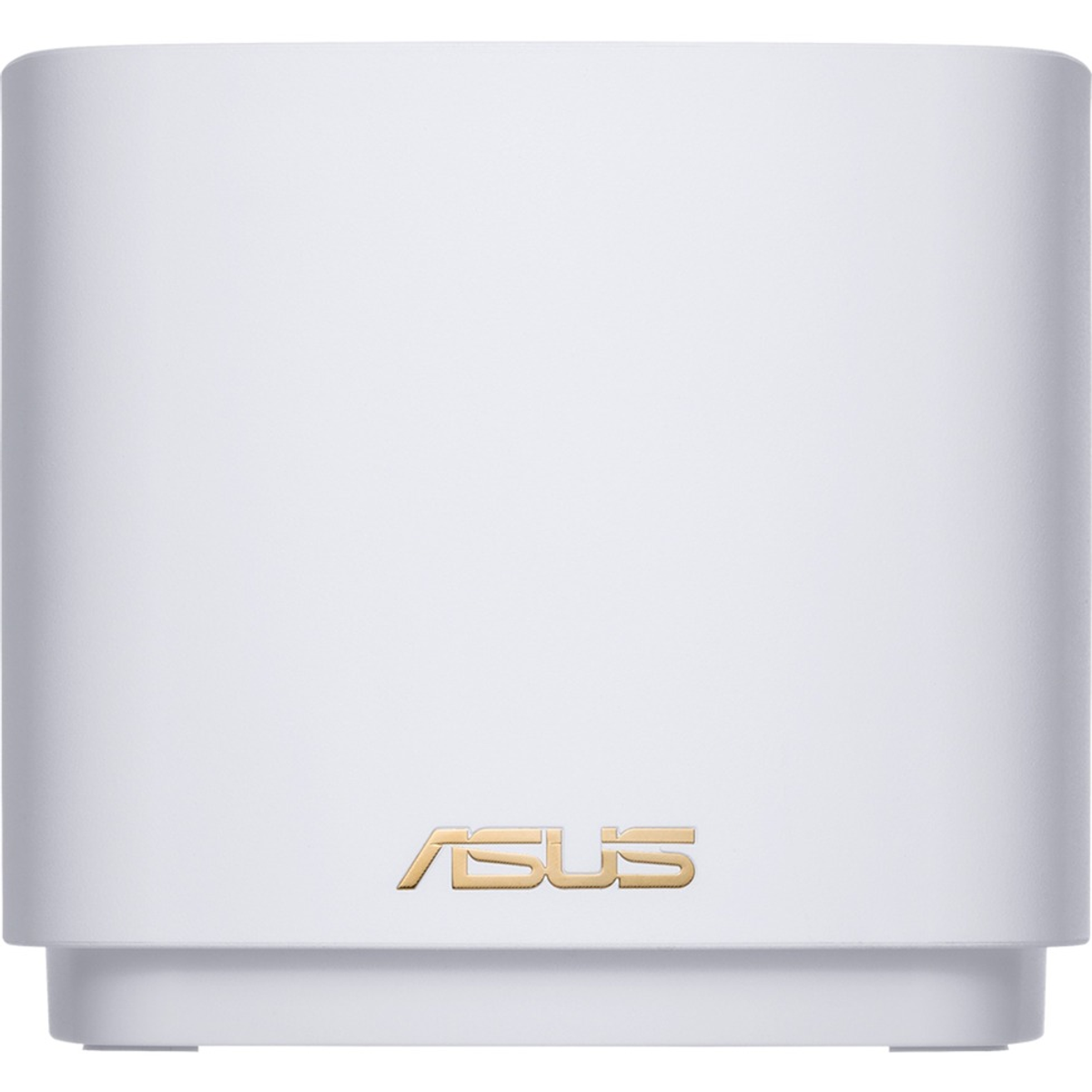 Widok z przodu białego routera ASUS ZenWiFi ze złotym logo ASUS na dole.