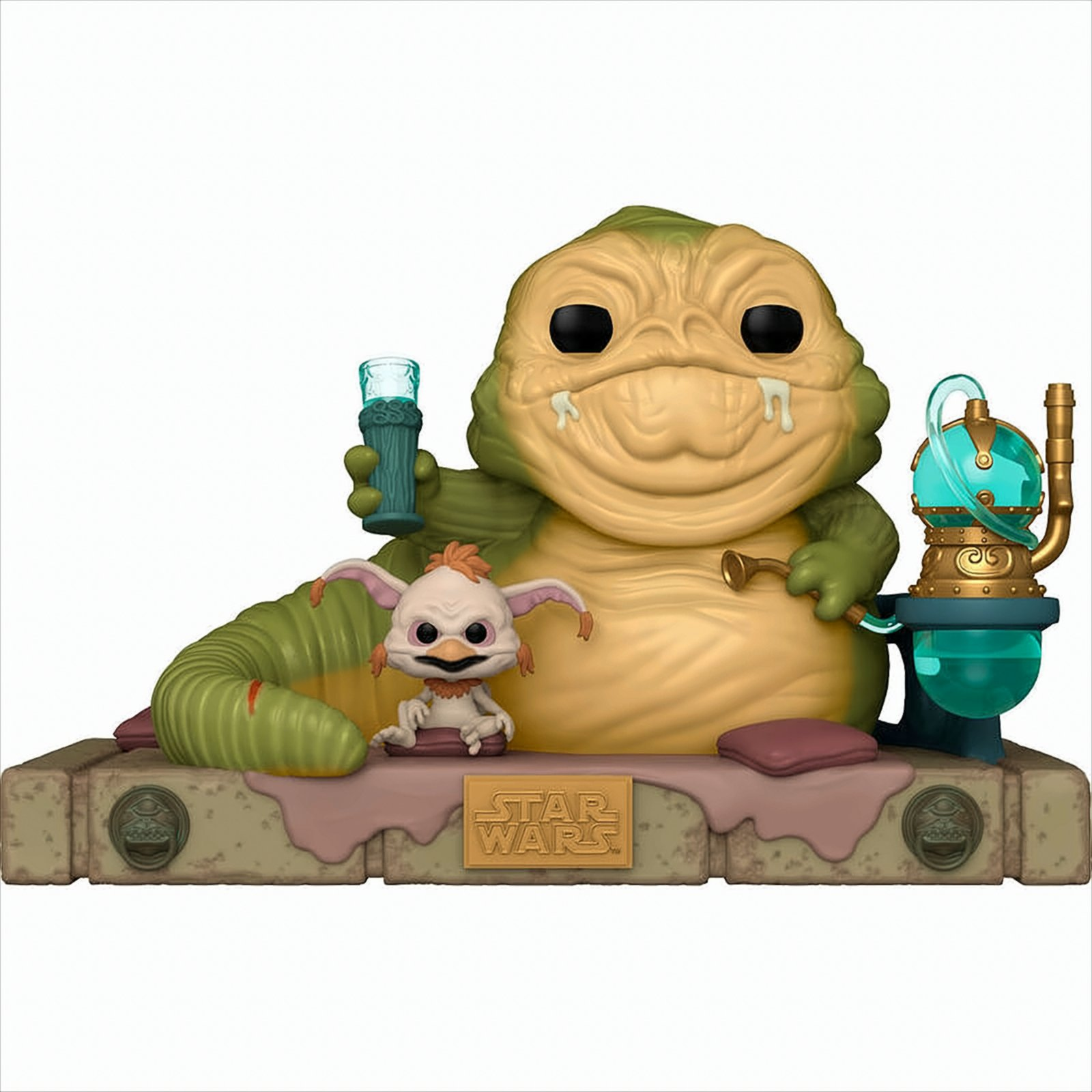 Jabba the Hutt Figur mit einem Lebewesen. Es steht auf einer Basis mit Star Wars Branding.