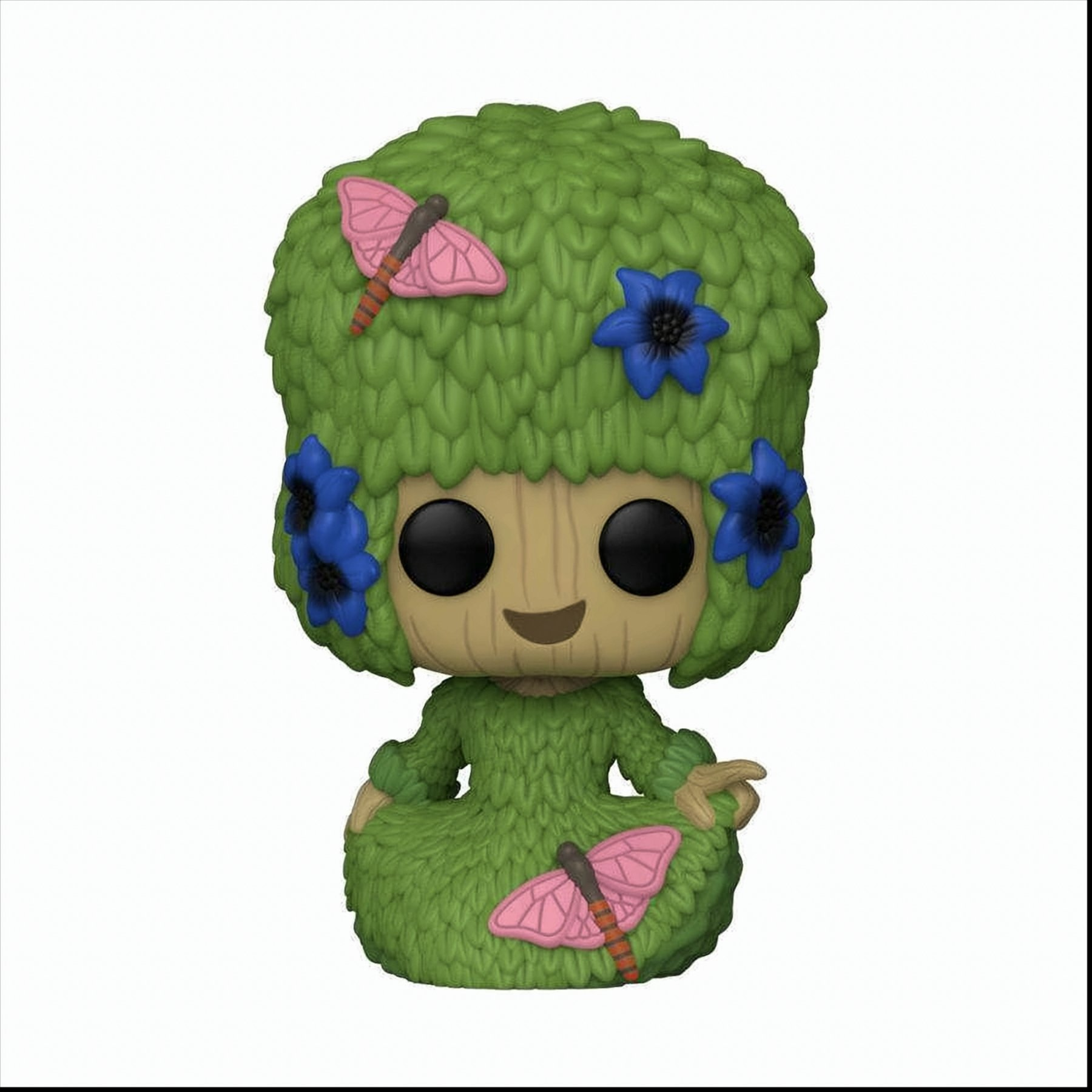 Eine Funko Pop Figur eines grünhaarigen Mädchens mit Schmetterlingsdetails. Der Hintergrund ist weiß.