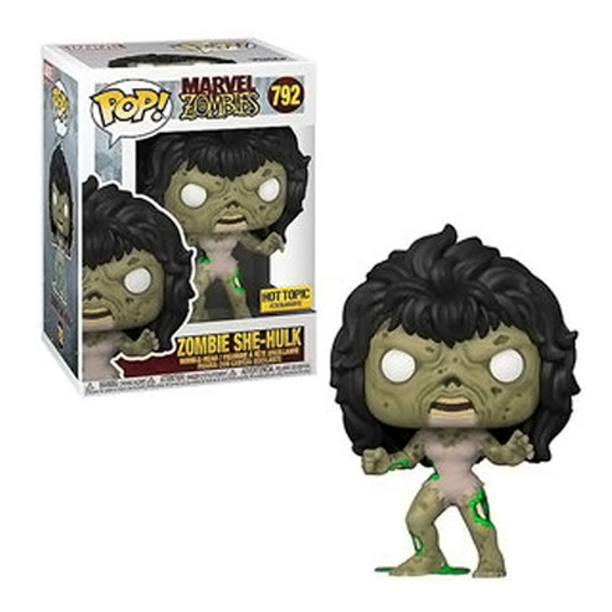 Zombie She-Hulk Figur mit Box. Die Figur ist grün und schwarz. Die Box zeigt das Bild der Figur.