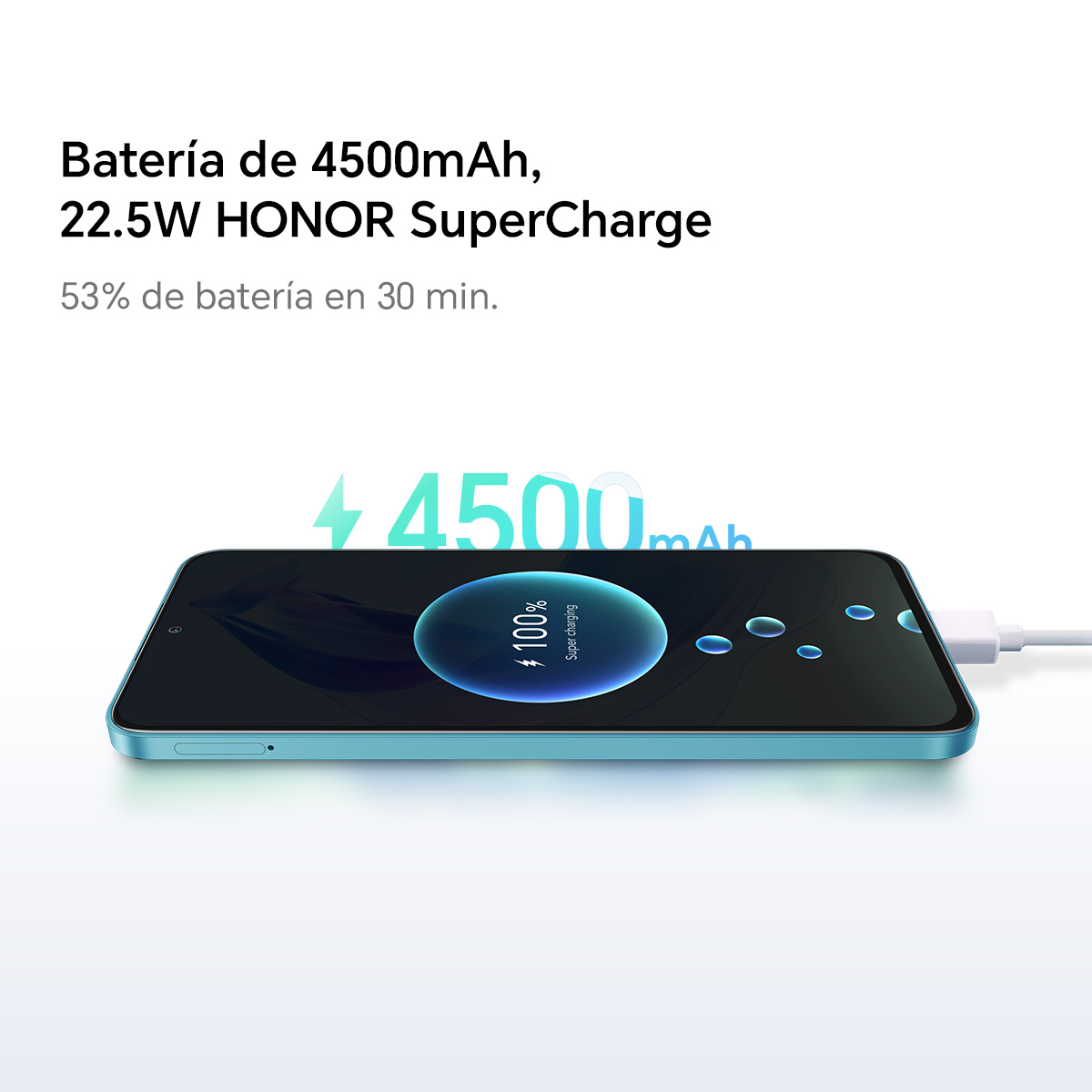 Niebieski telefon ładujący się, wyświetlający 100% naładowania, z tekstem o baterii i prędkości ładowania.