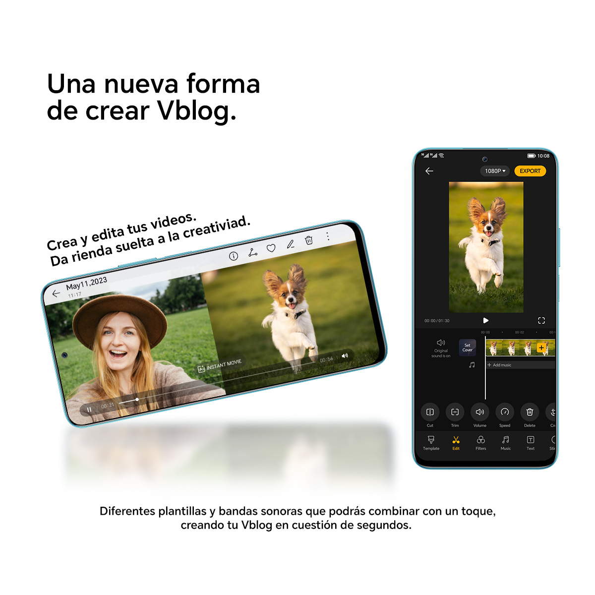 Dwa telefony pokazujące interfejs edytora wideo z panią i psem na ekranie.