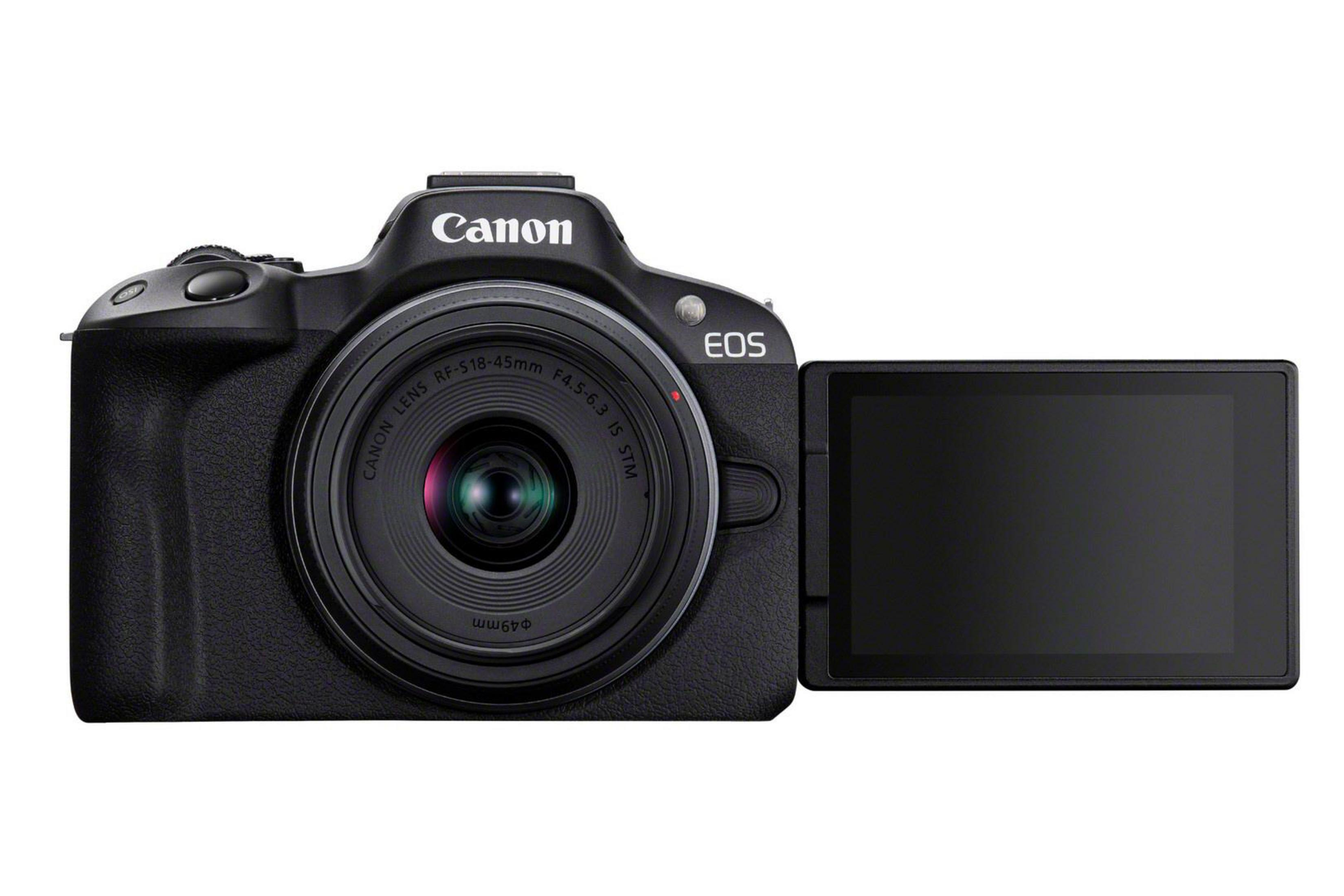 Schwarze Canon-Kamera mit Objektiv und geöffnetem Bildschirm, weißer Hintergrund.