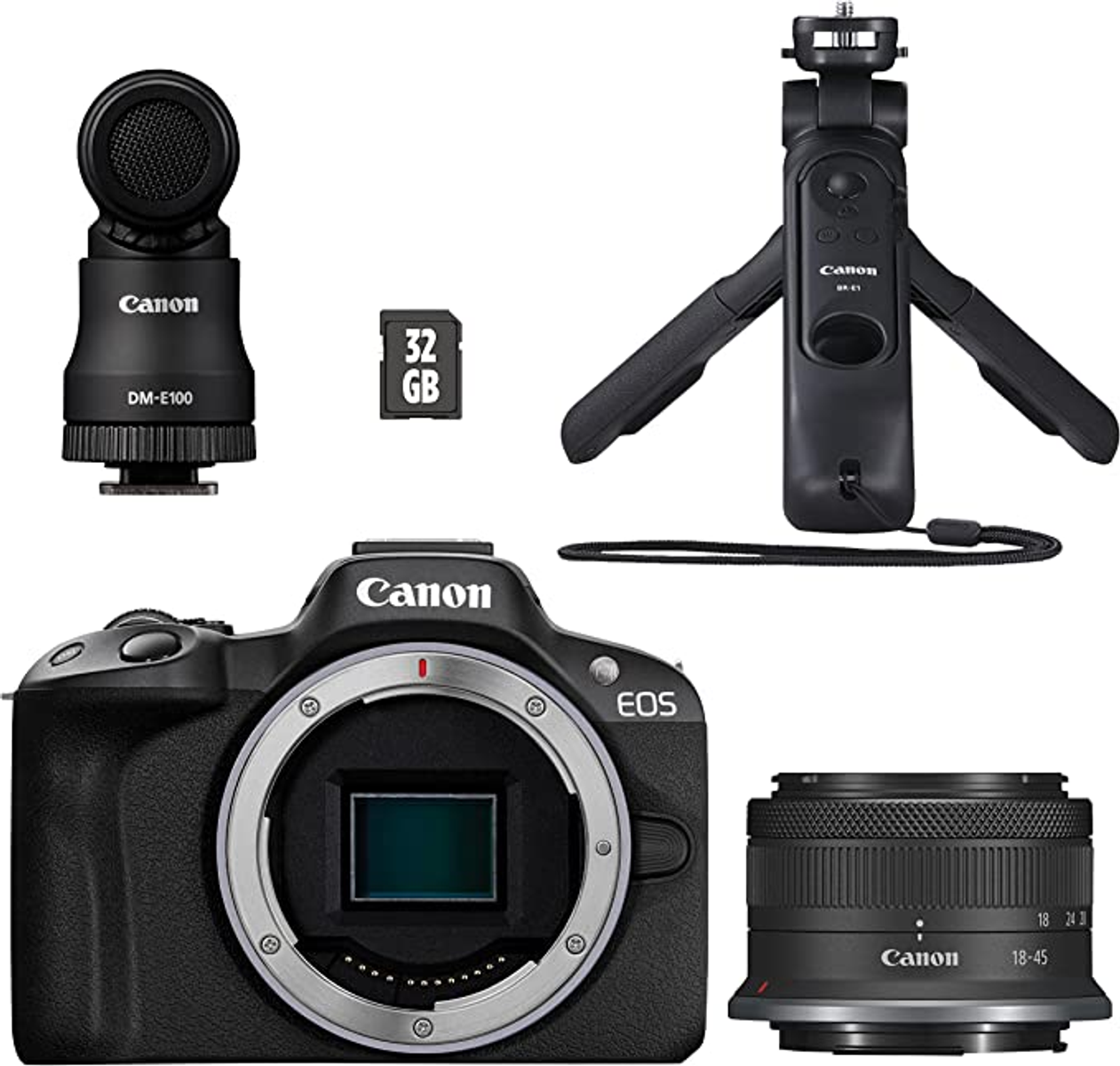 Canon-Kamera mit Objektiv, Mikrofon und Stativ auf weißem Hintergrund.