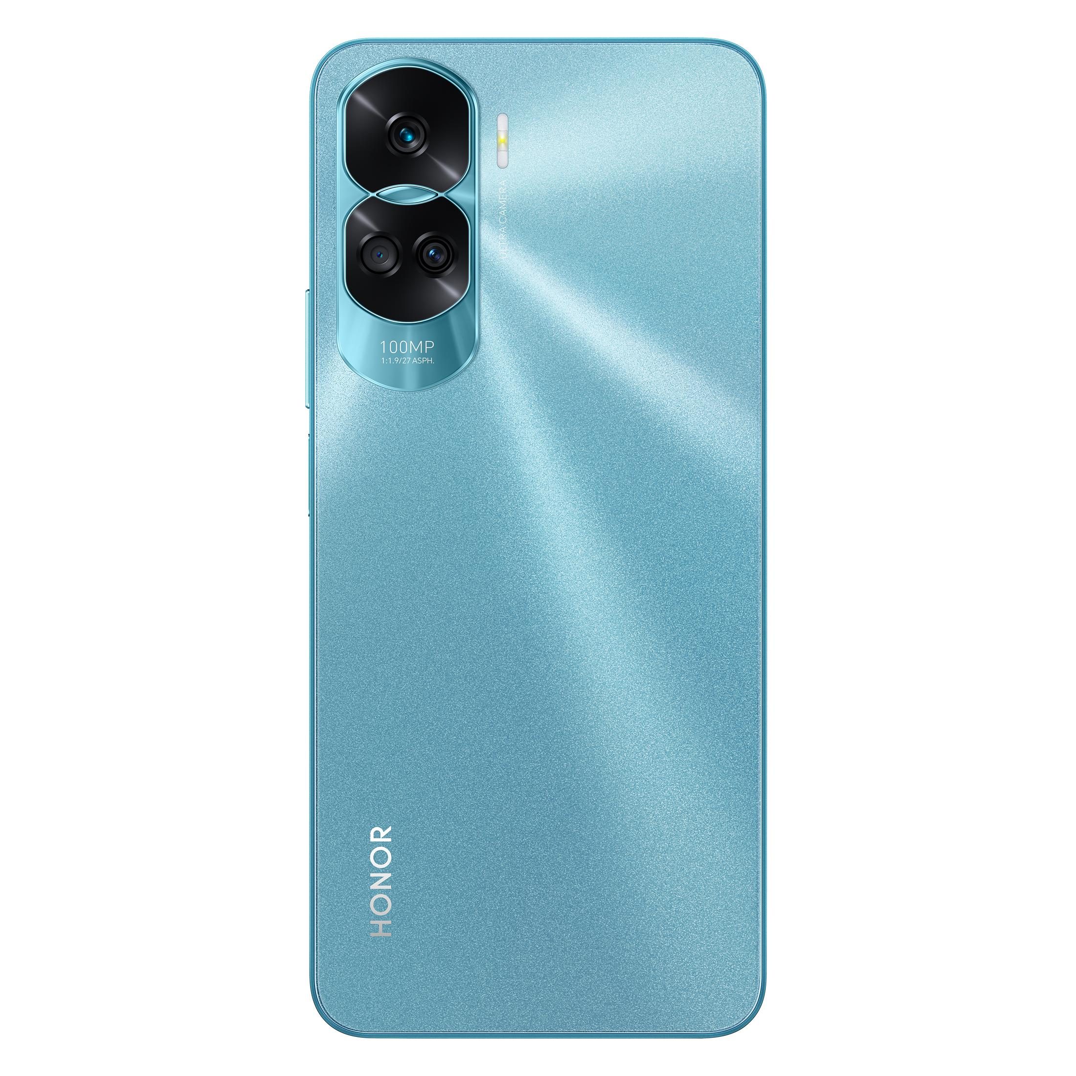 Hellblaues HONOR-Telefon mit zwei Kameras und silbernem HONOR-Logo. Die Rückseite ist glänzend.