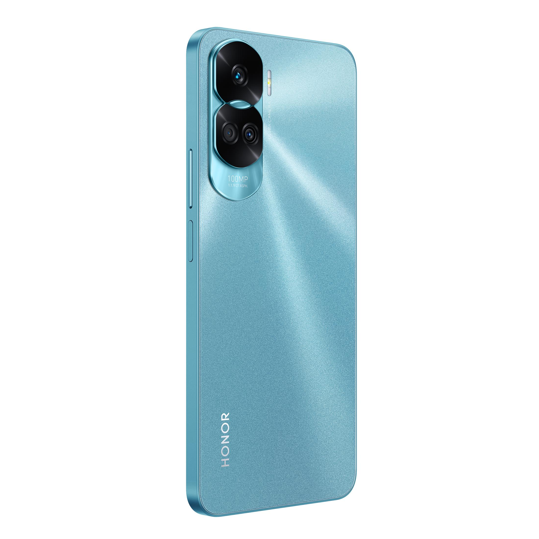 Blaues Smartphone mit Dual-Objektiv-Kamera. Das Telefon ist nach rechts geneigt, Rückseite sichtbar.