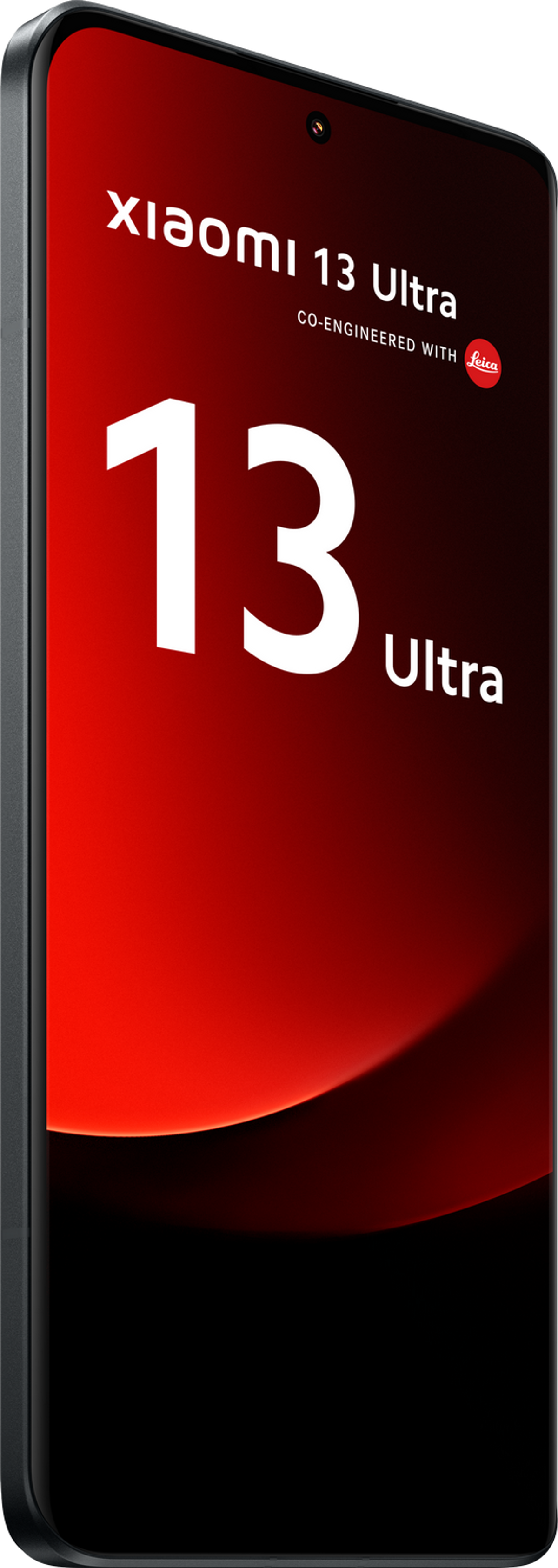 Schwarzes Smartphone mit großem Bildschirm, die Worte 'Xiaomi 13 Ultra' in Weiß, roter Hintergrund.