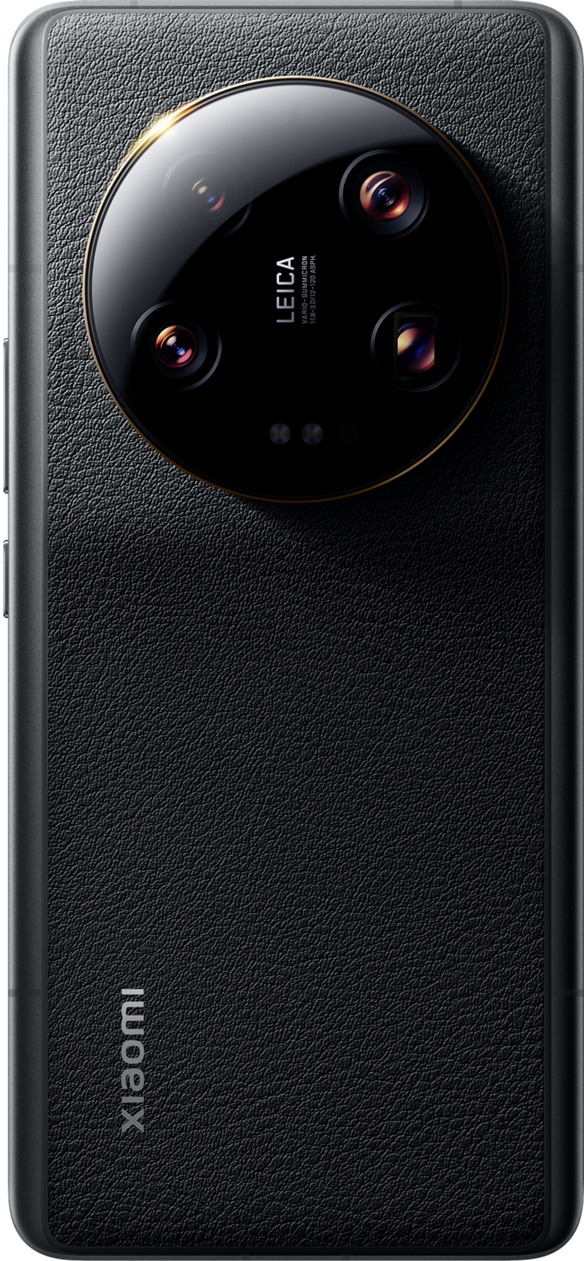Rückseite eines schwarzen Xiaomi-Telefons. Großes Kameramodul mit Leica-Branding, mehrere Objektive. Schwarze strukturierte Rückseite.